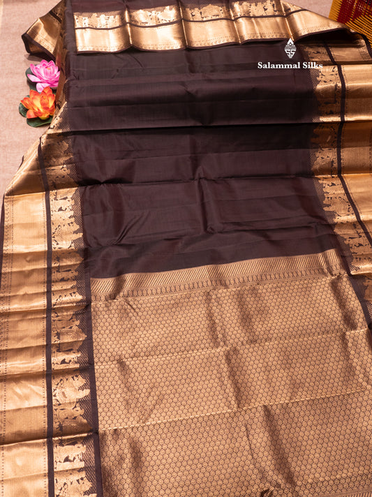 Dark Brown Colour Plain Pure Kanjivaram Silk Saree with Pallakku Border