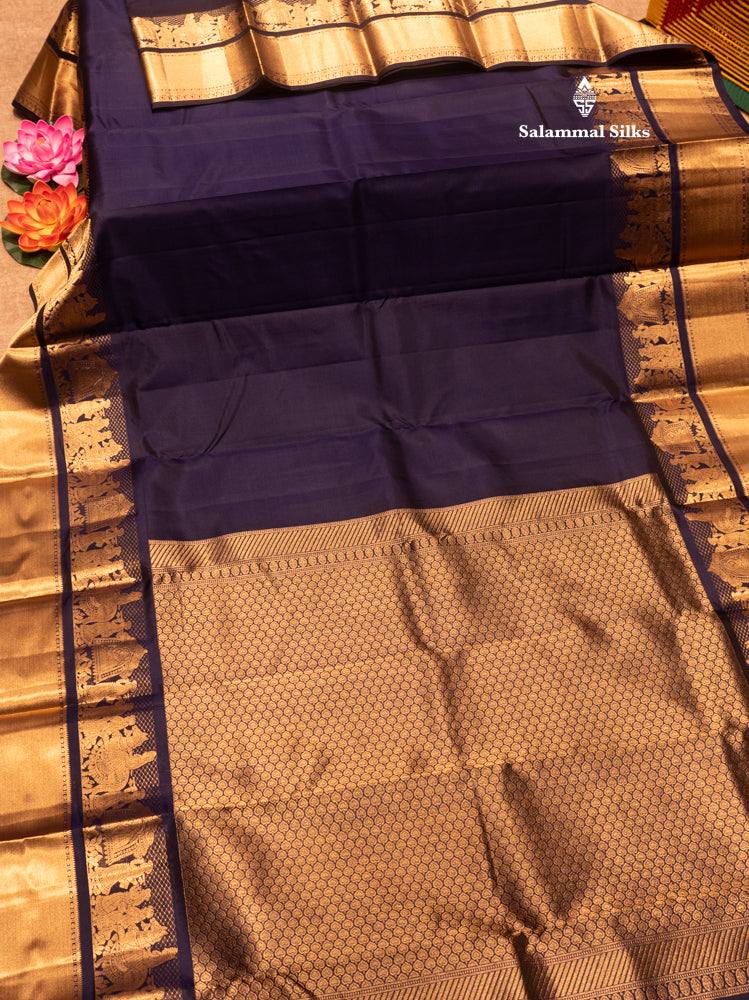 Navy Blue Colour Plain Pure Kanjivaram Silk Saree with Pallakku Border