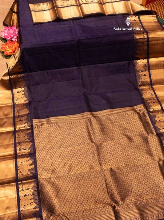 Navy Blue Colour Plain Pure Kanjivaram Silk Saree with Pallakku Border