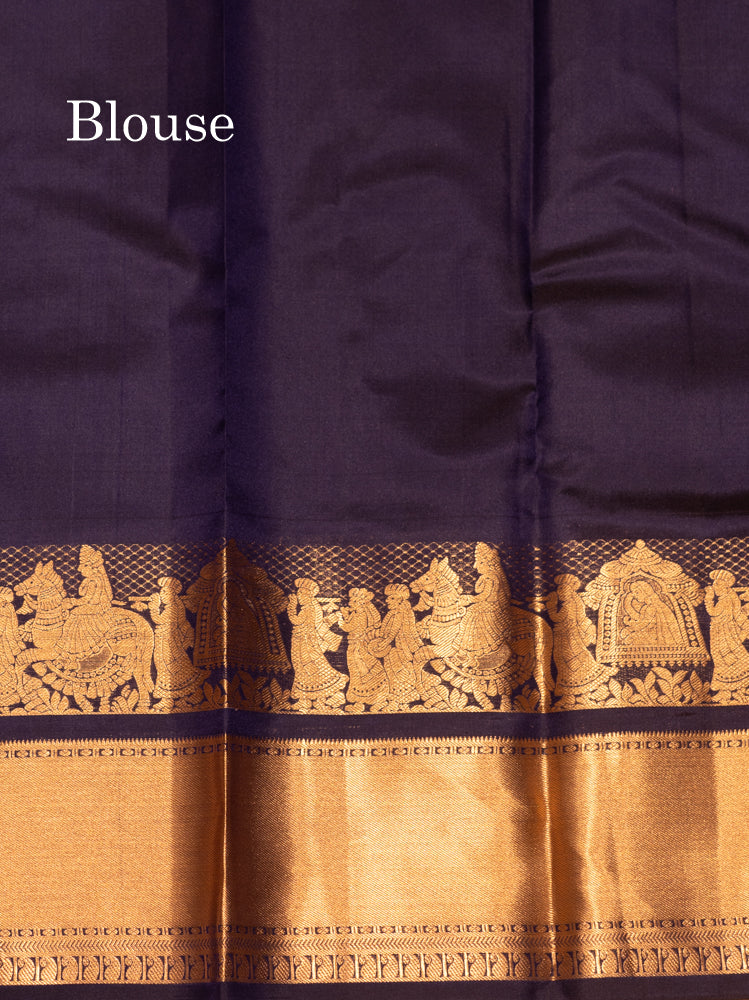 Navy Blue Colour Plain Pure Kanjivaram Silk Saree with Pallakku Border