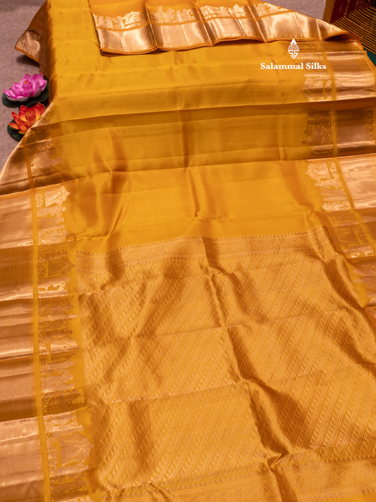 Mustard Yellow Colour Plain Pure Kanjivaram Silk Saree with Pallakku Border