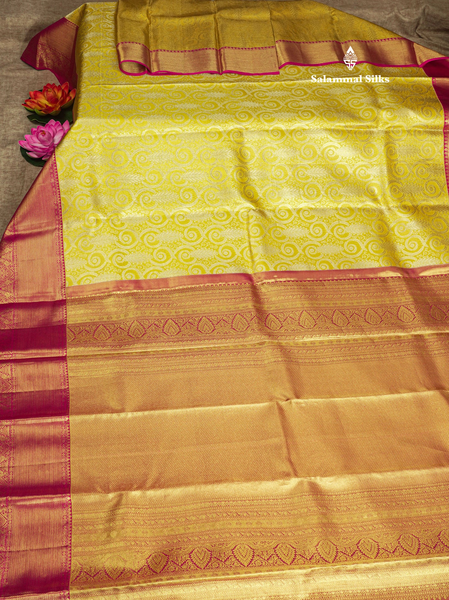 Gold Tissue Bridal Pure Kanjivaram Silk Saree With Contrast Magenta Pink Border