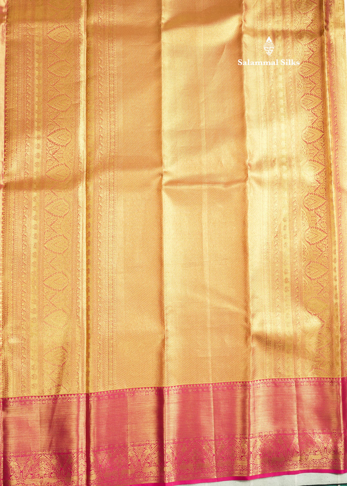 Gold Tissue Bridal Pure Kanjivaram Silk Saree With Contrast Magenta Pink Border