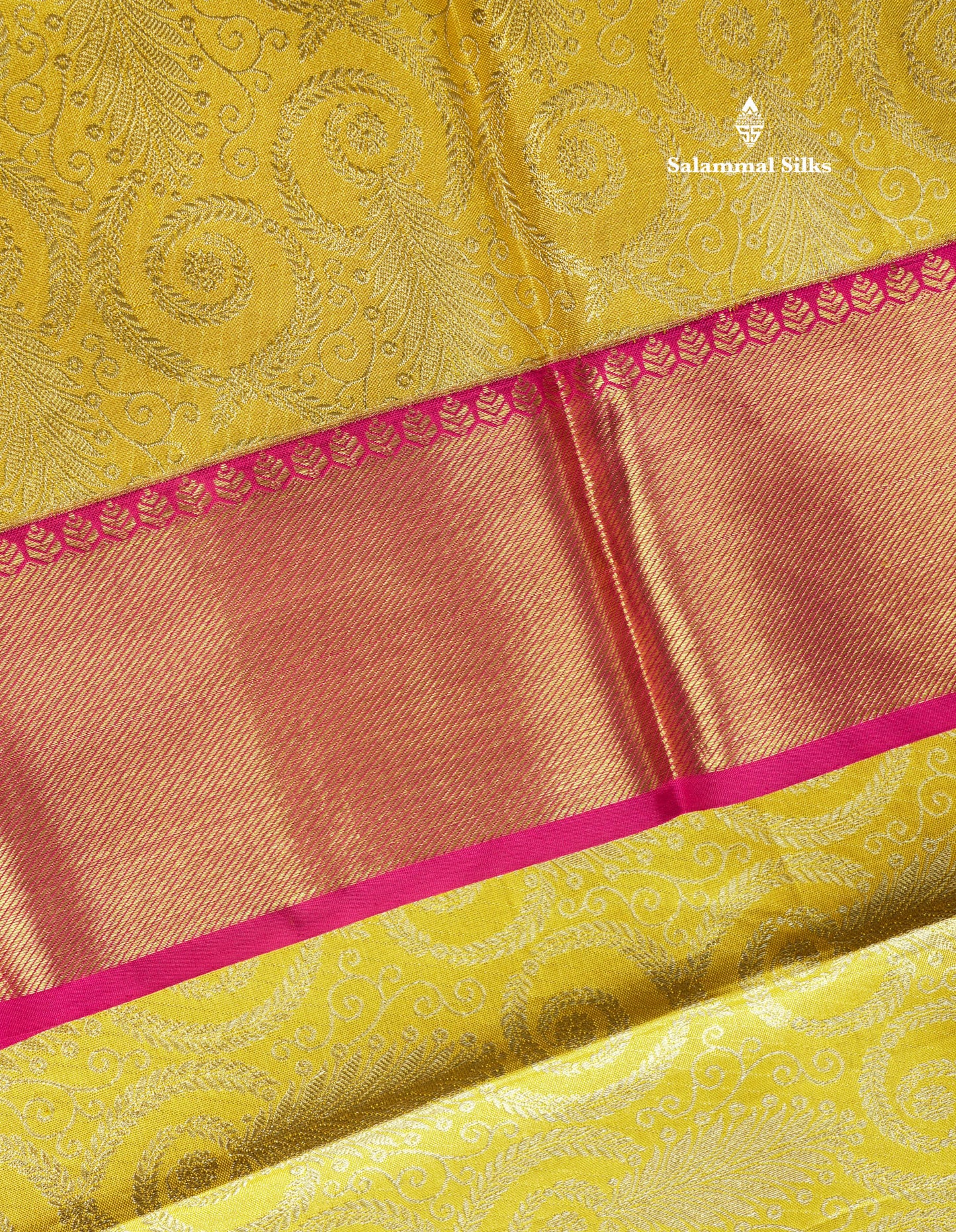 Gold Tissue Bridal Pure Kanjivaram Silk Saree With Contrast Magenta Pink Border