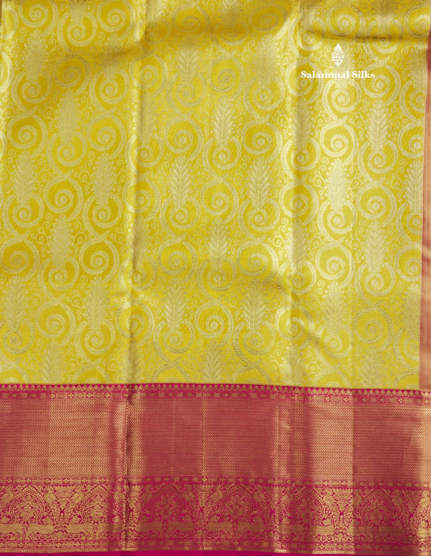 Gold Tissue Bridal Pure Kanjivaram Silk Saree With Contrast Magenta Pink Border