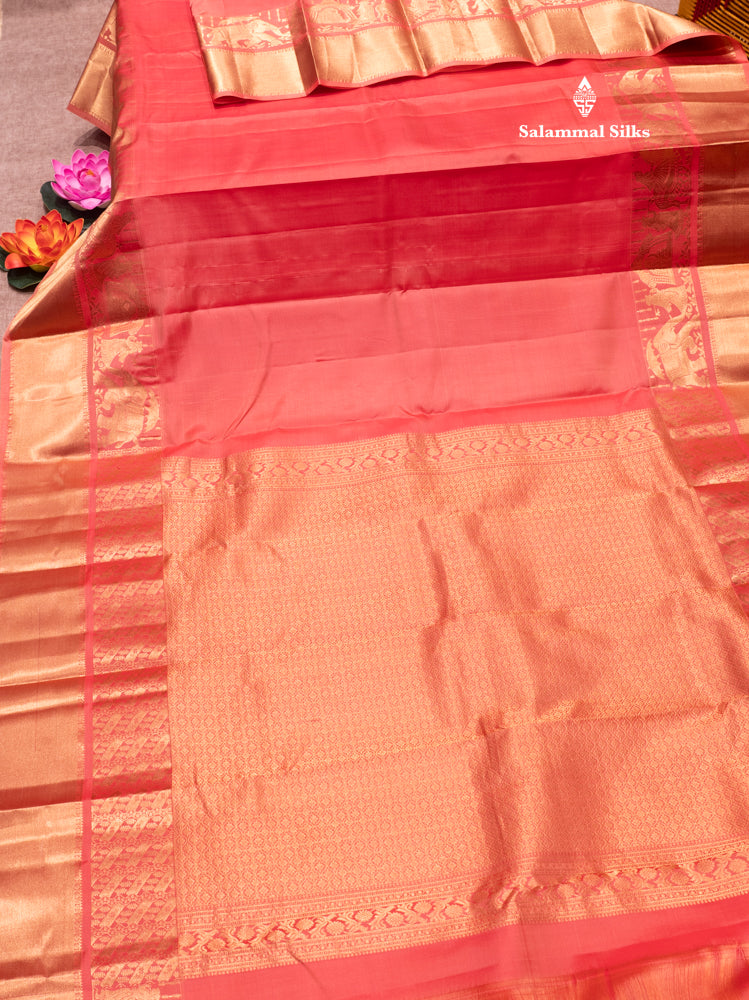 Pinkish Peach Colour Plain Pure Kanjivaram Silk Saree with Pallakku Border