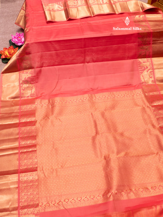 Pinkish Peach Colour Plain Pure Kanjivaram Silk Saree with Pallakku Border