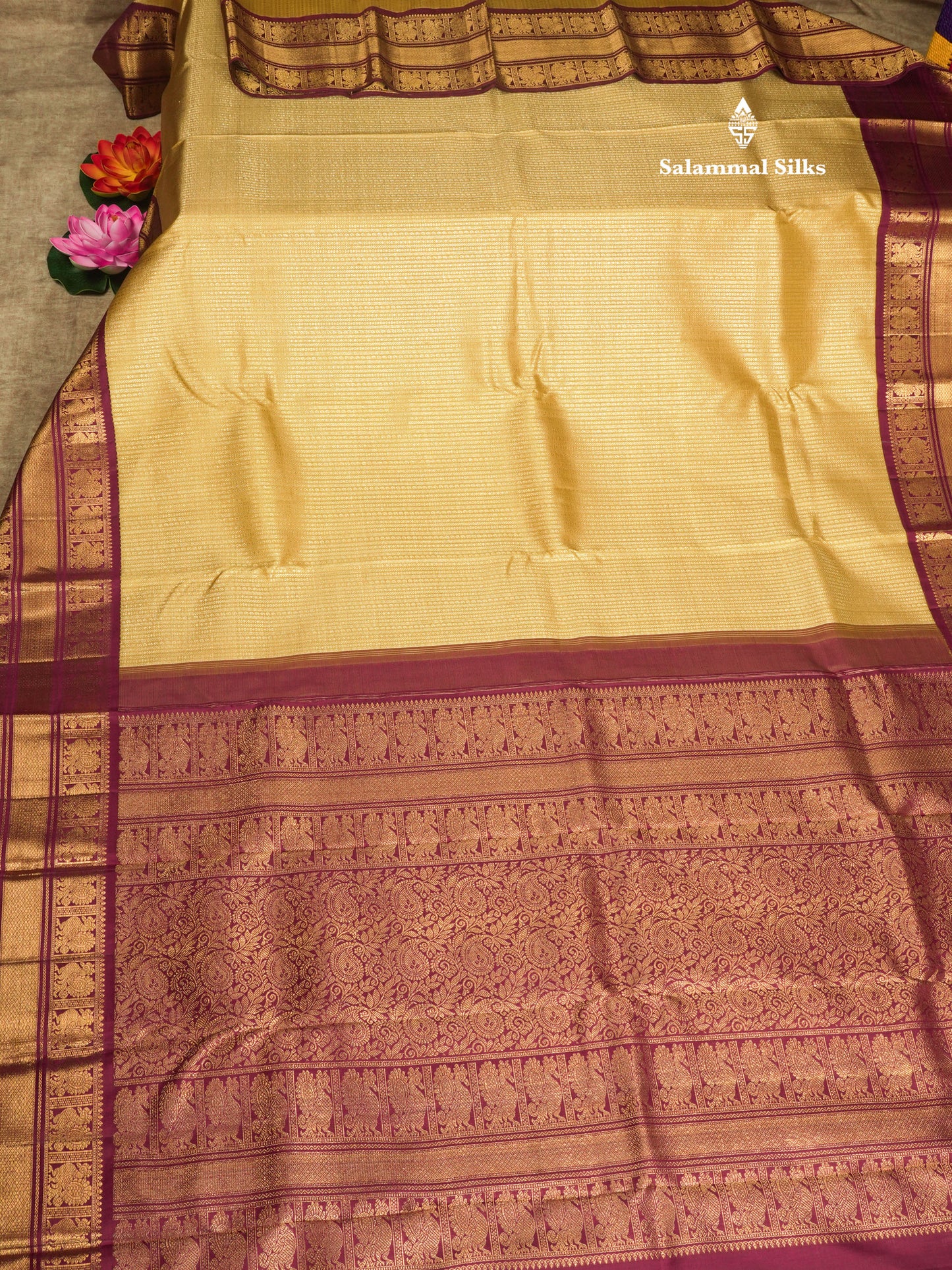 Beautiful Sandal Korvai Bridal Pure Kanjivaram Silk Saree With Contrast Magenta Border