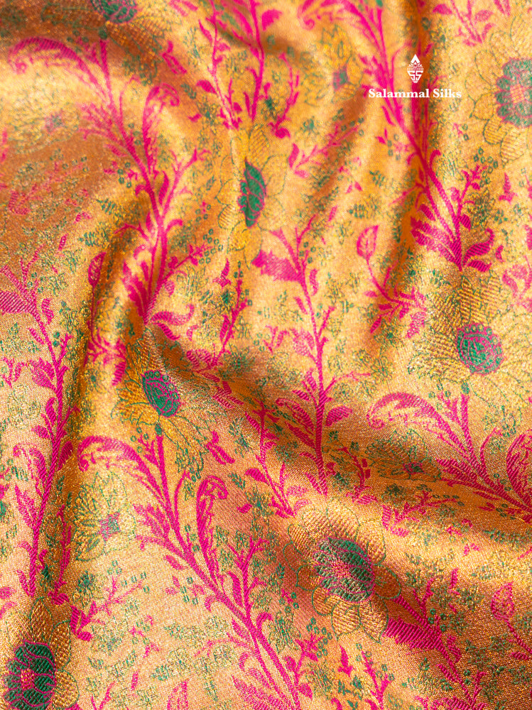 Green Colour Pure Kanjivaram Tissue Silk Saree with Pink Border