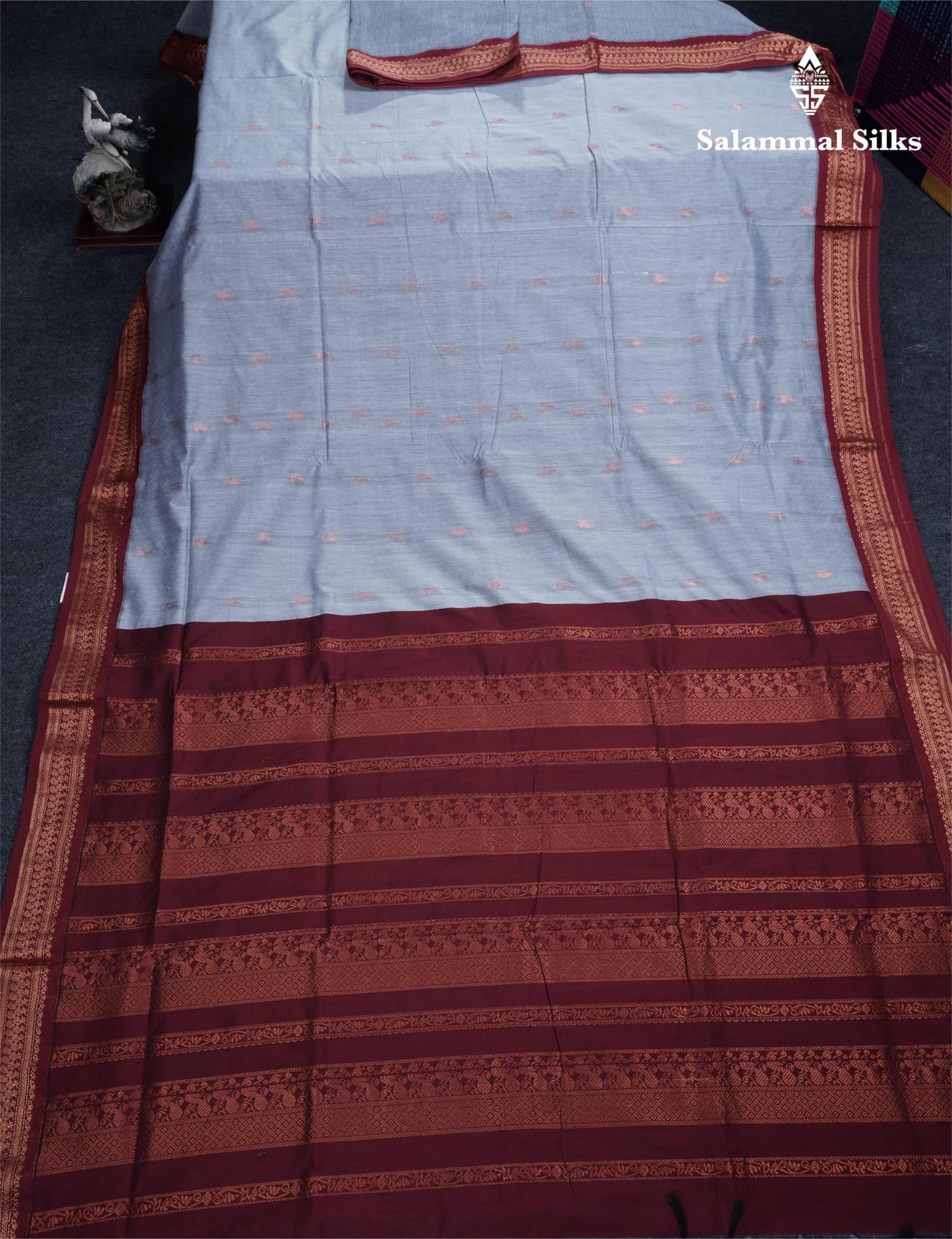 Blueish Grey Kalyani Cotton Saree With Contrast Maroon Border