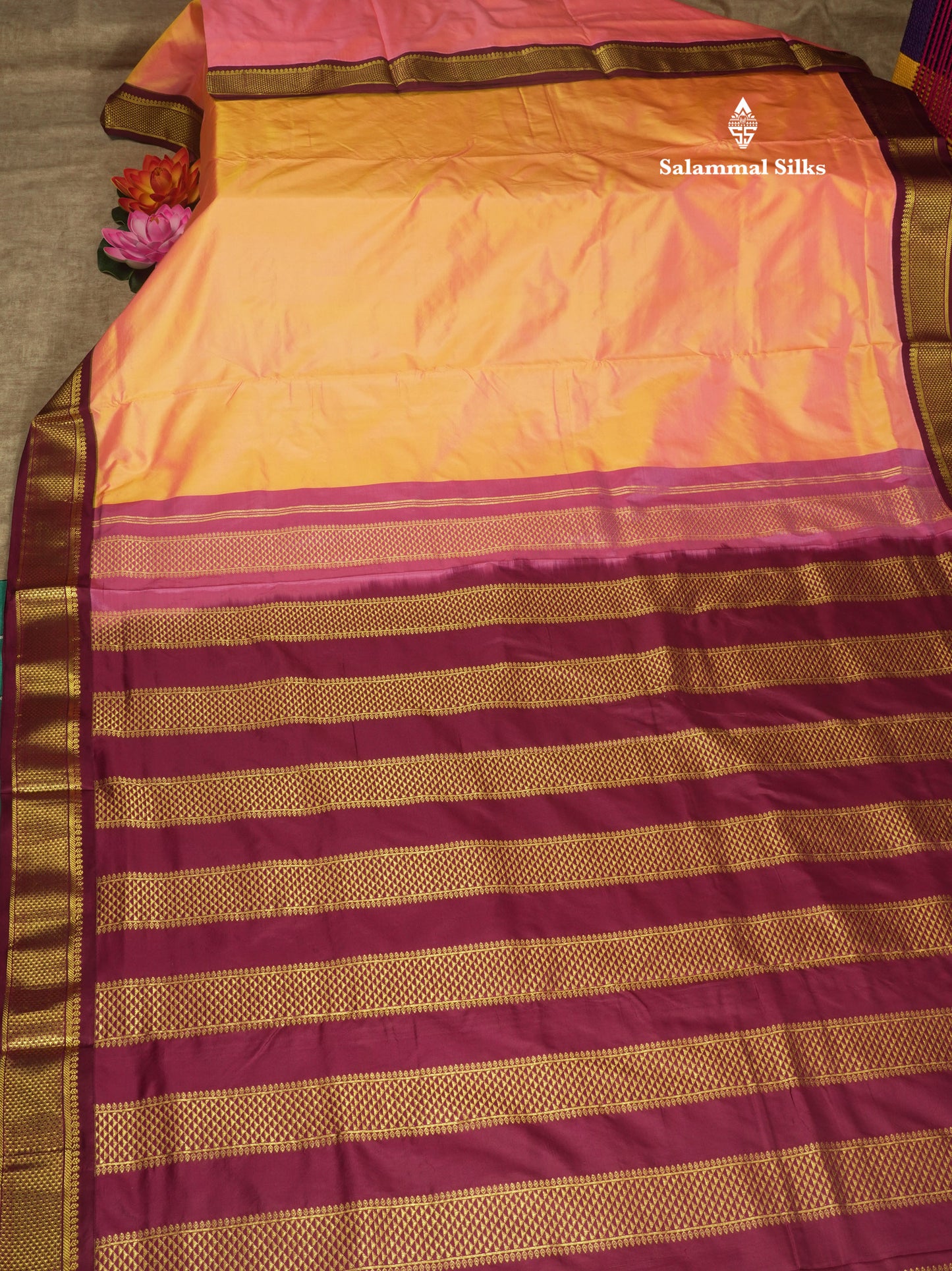 Kanjivaram Beautiful Peach 9Yards Pure Silk Saree With (3.6inch) Magenta Border