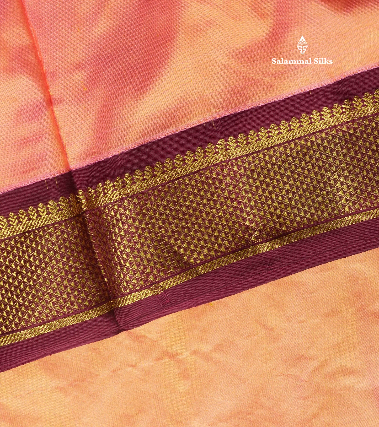 Kanjivaram Beautiful Peach 9Yards Pure Silk Saree With (3.6inch) Magenta Border