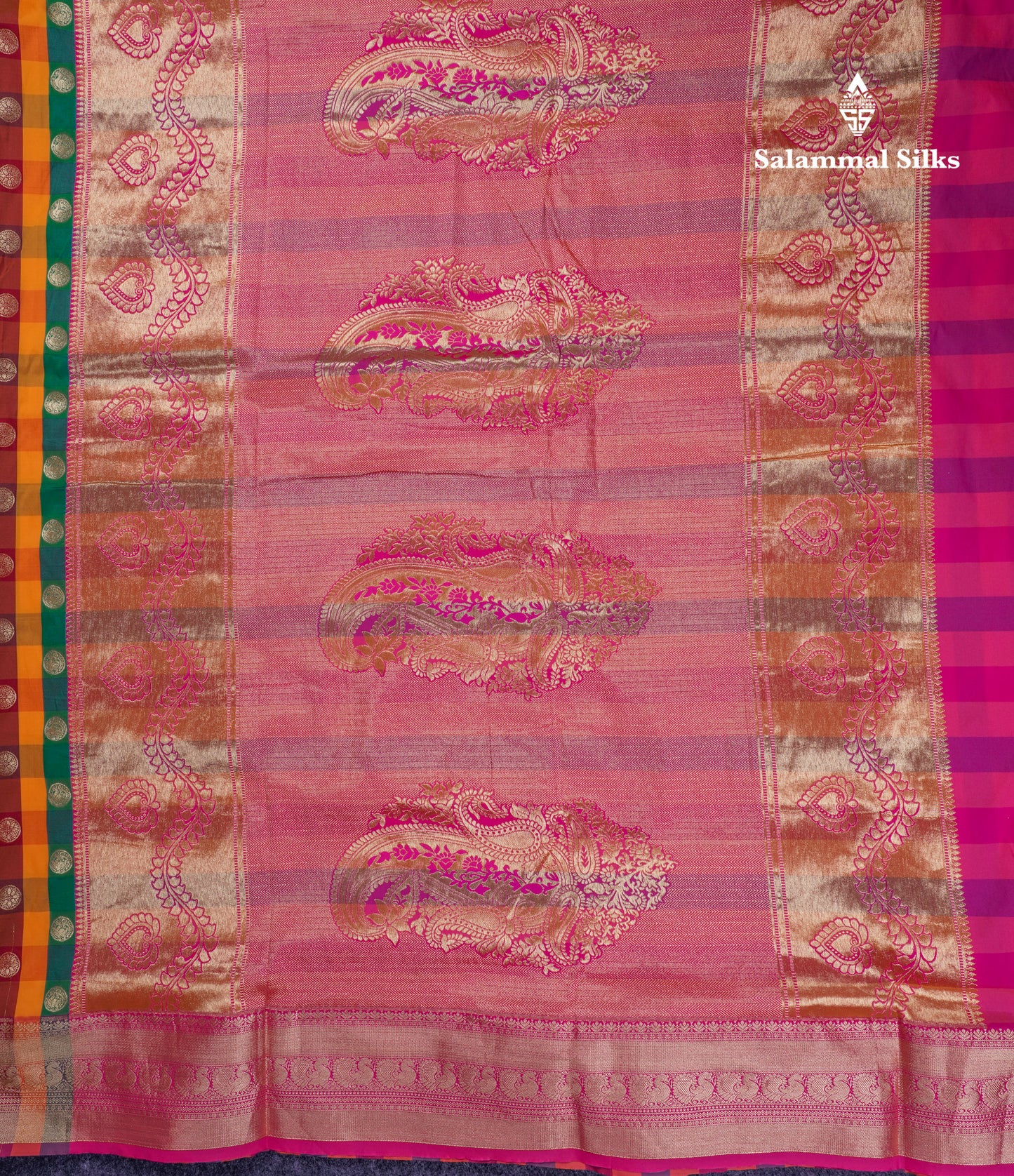 9.5 Yards Semi Silk Saree Paalum Pazham Checks With Contrast Pink Traditional Border