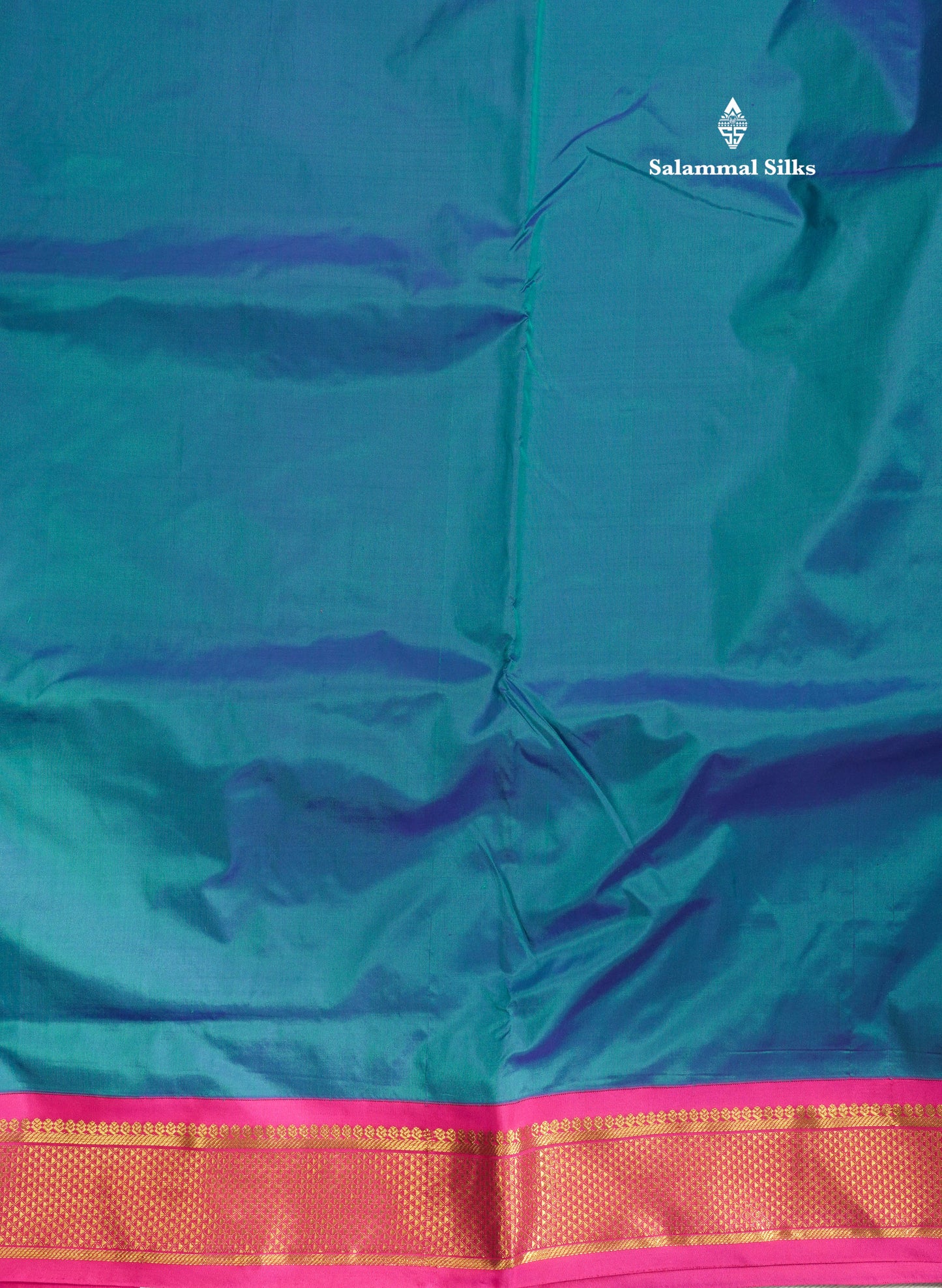 Beautiful Dual Tone Peacock Blue 9Yards Pure Silk Saree With (3.6 inch) Pink Border