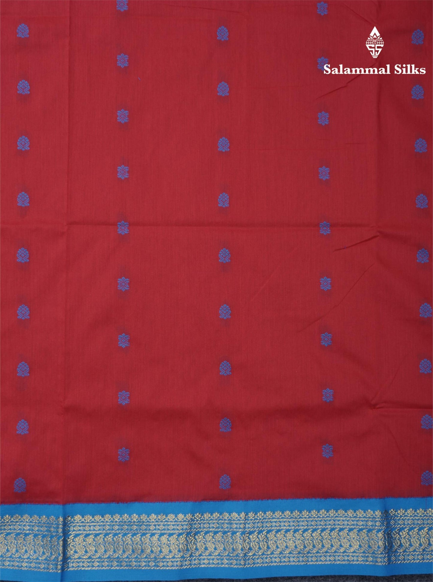 Chilly Red Kalyani Cotton Saree With Contrast Blue Border