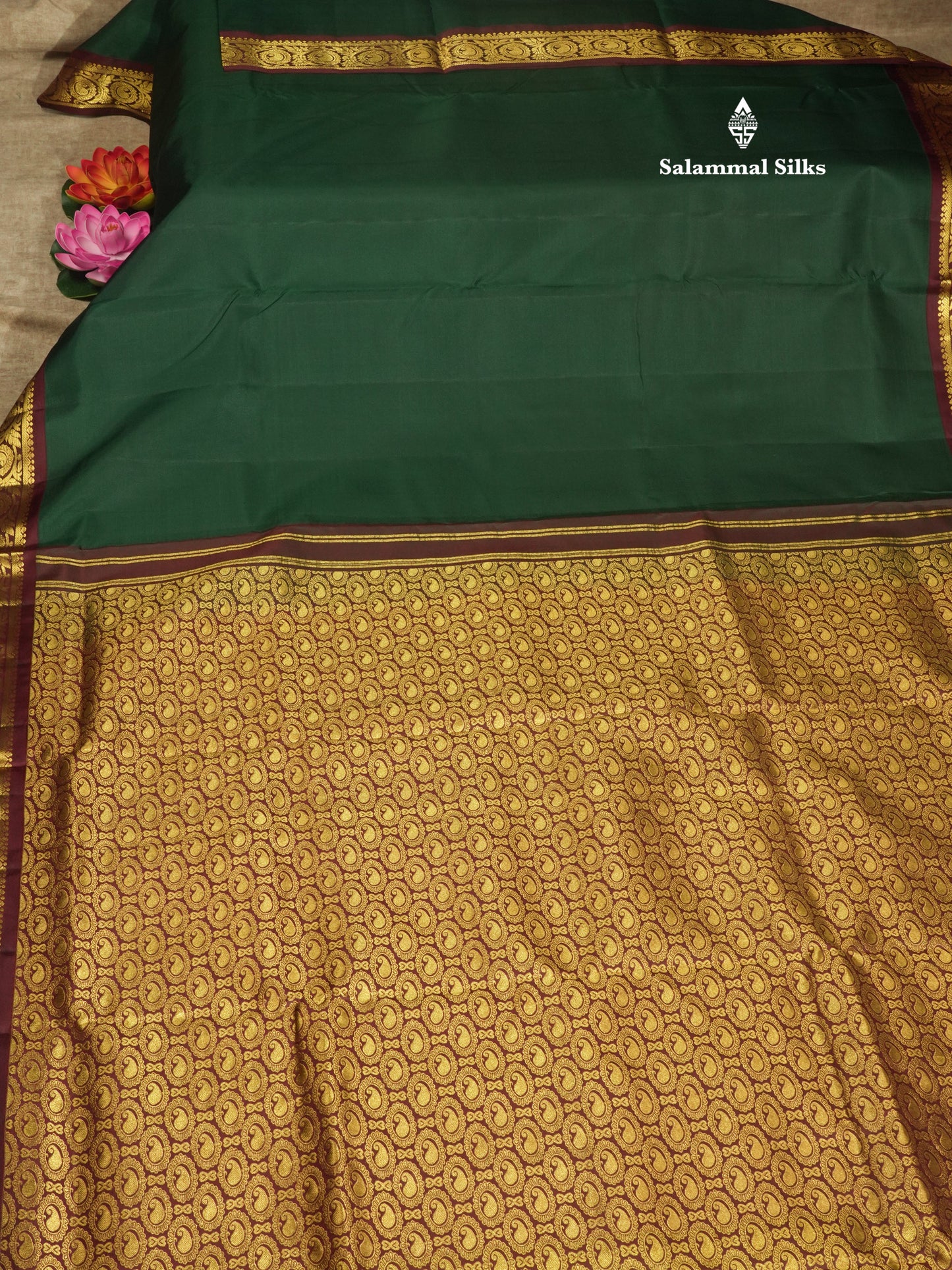 Beautiful Bottle Green 9Yards Pure Silk Saree With (3.6 inch) Dark Maroon Border