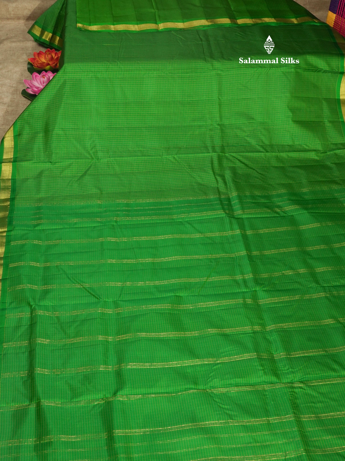 10 Yards Pure Silk Saree Tiny Zari Checks Green with Small Border