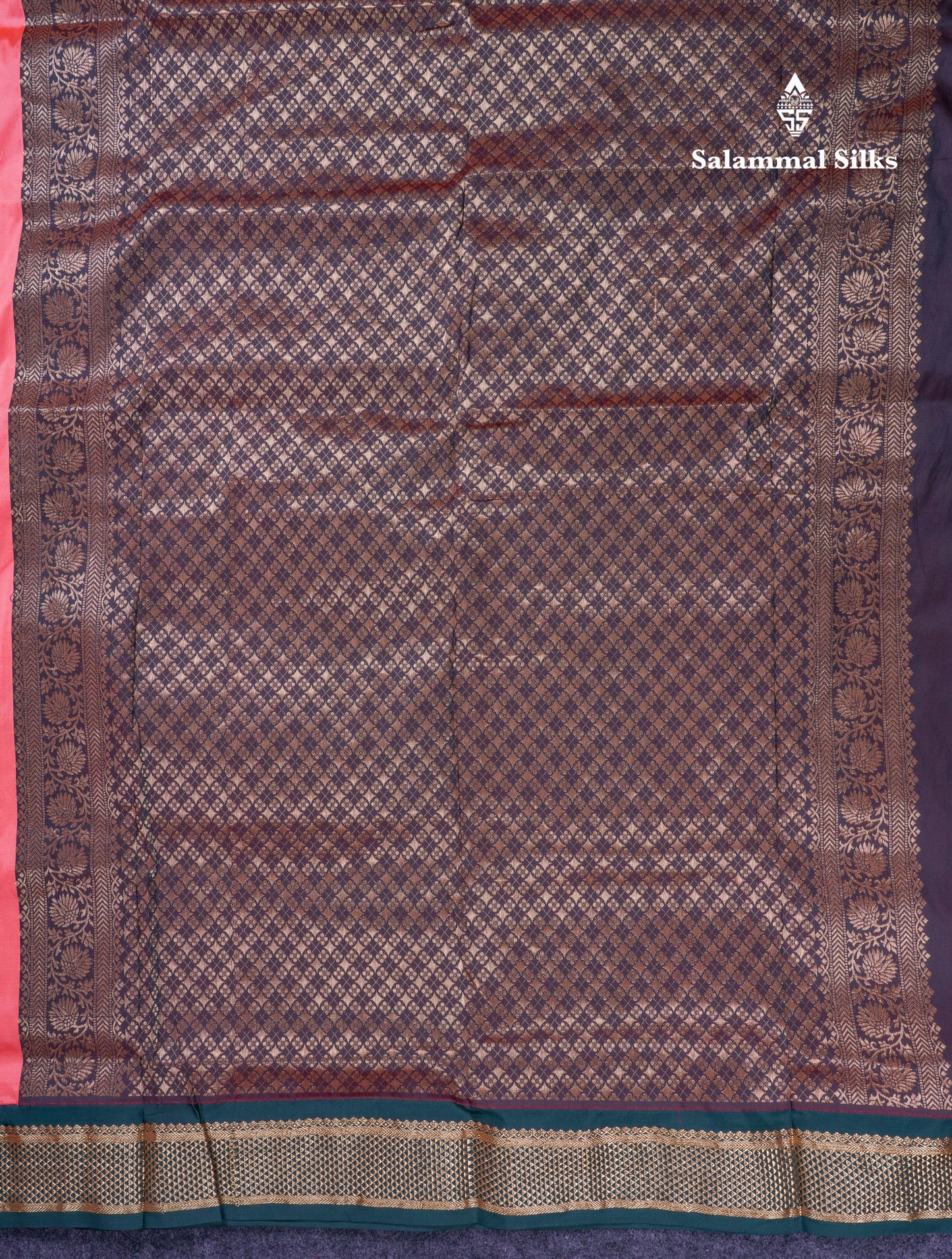 9.5 Yards Semi Silk Saree Dark Peach With Contrast Bottle Green Traditional Border