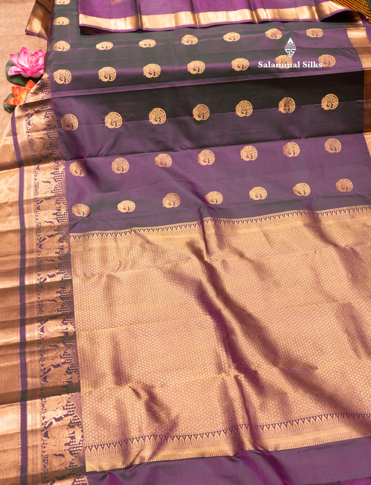 Dual Tone Violet & Green Colour Pure Kanjivaram Silk Saree with Pallakku Border