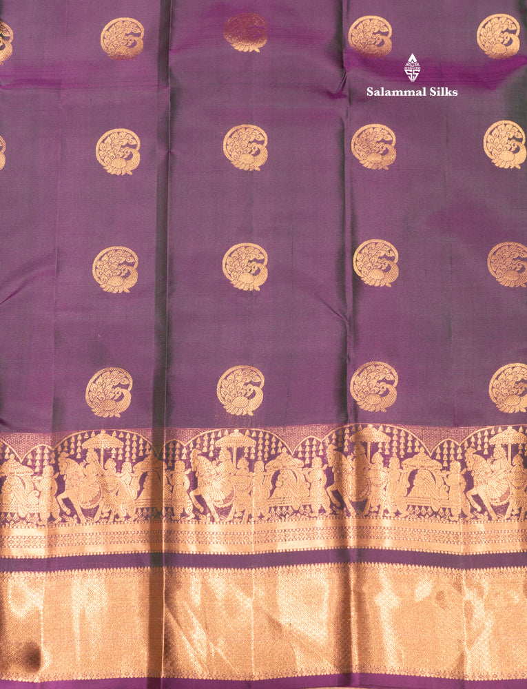 Dual Tone Violet & Green Colour Pure Kanjivaram Silk Saree with Pallakku Border