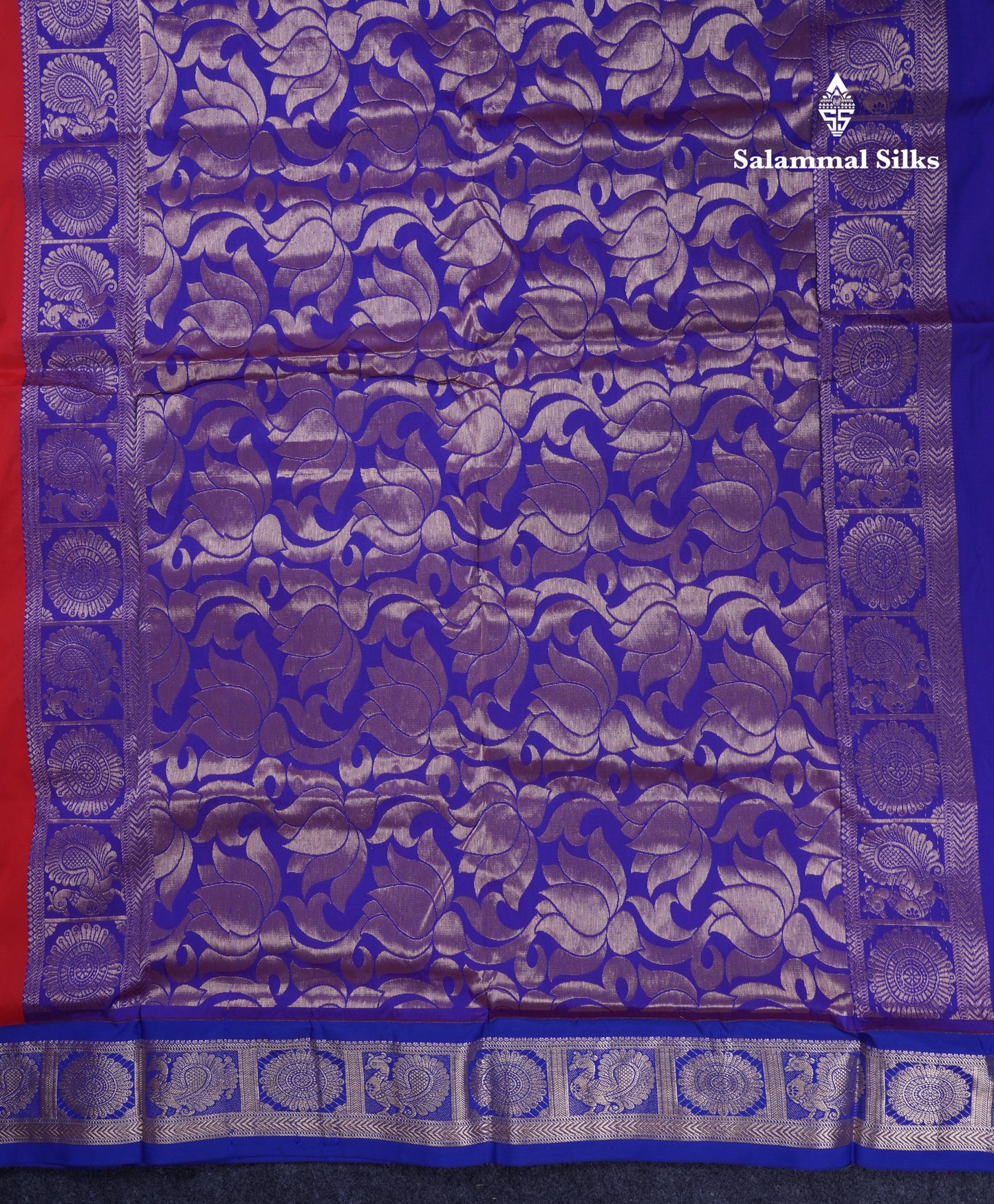 11 Yards Semi Silk Saree Chilly Red with Contrast Royal Blue Traditional Border