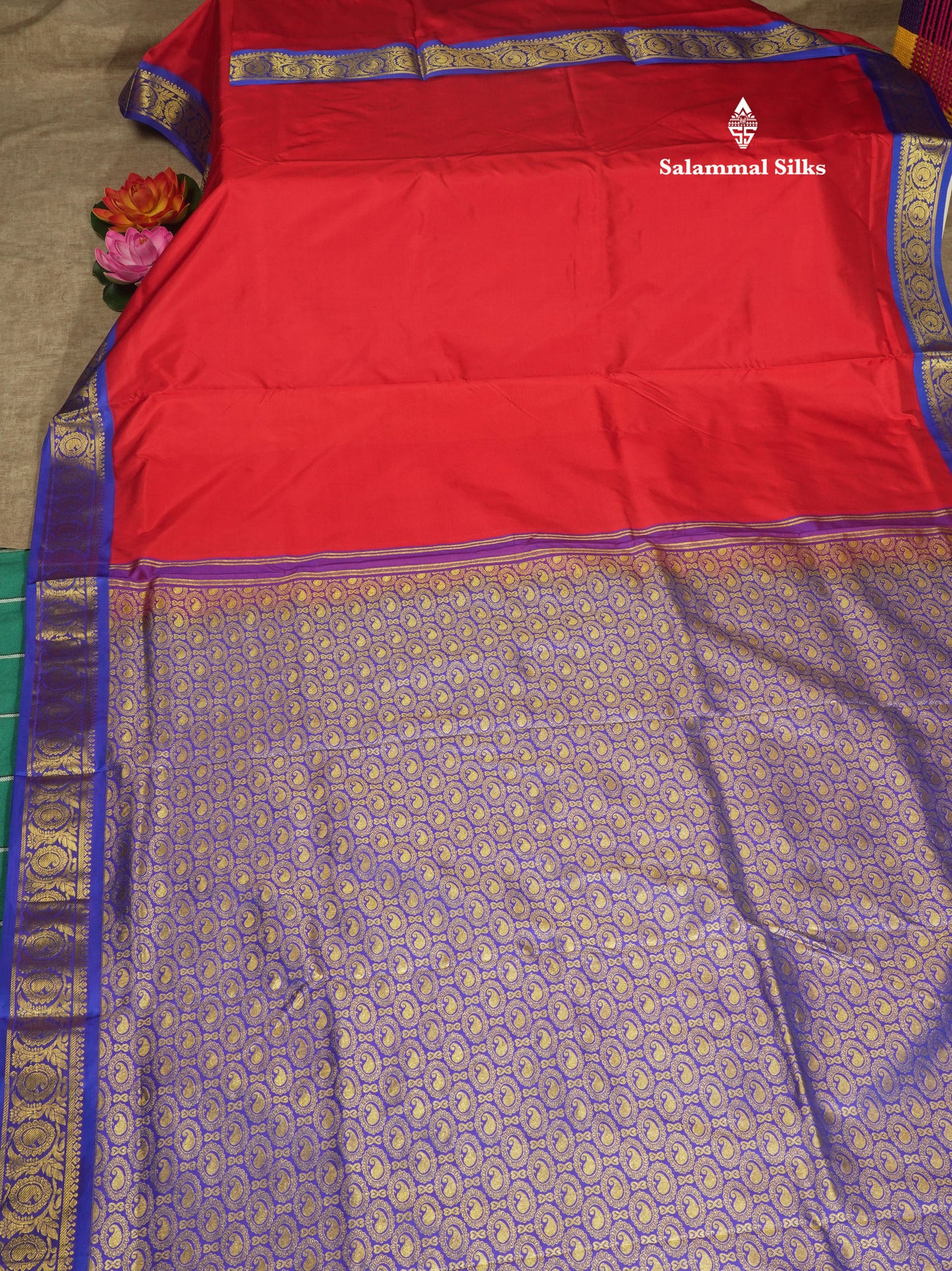 Kanjivaram Beautiful Red 9Yards Pure Silk Saree With 5inch Royal Blue Border