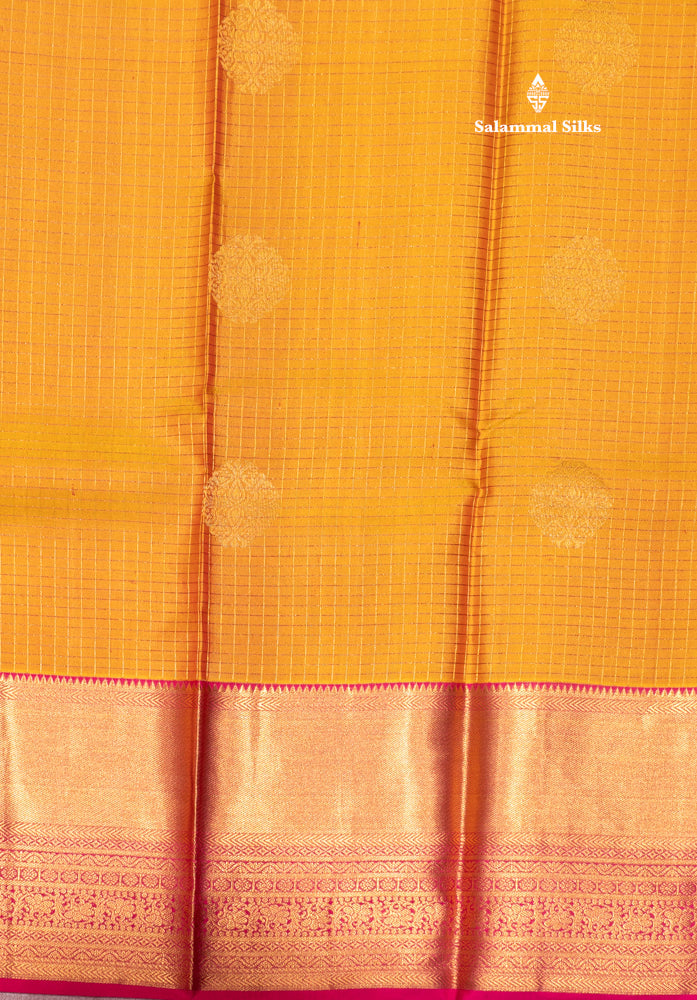 Mustard Yellow Colour Small Zari Checks Pure Kanjivaram Silk Saree With Pink Border