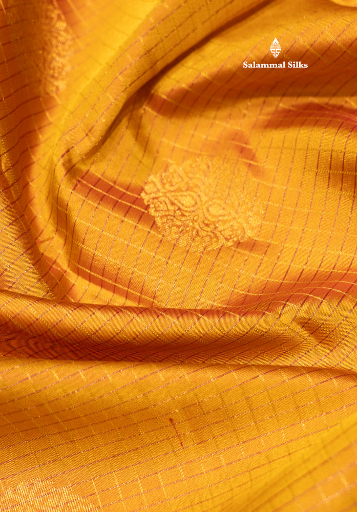 Mustard Yellow Colour Small Zari Checks Pure Kanjivaram Silk Saree With Pink Border
