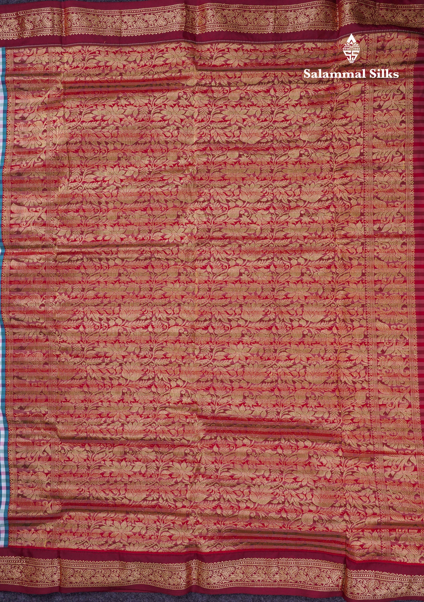 9.5 Yards Semi Silk Saree Peacock Green & White Checks With Contrast Maroon Traditional Border