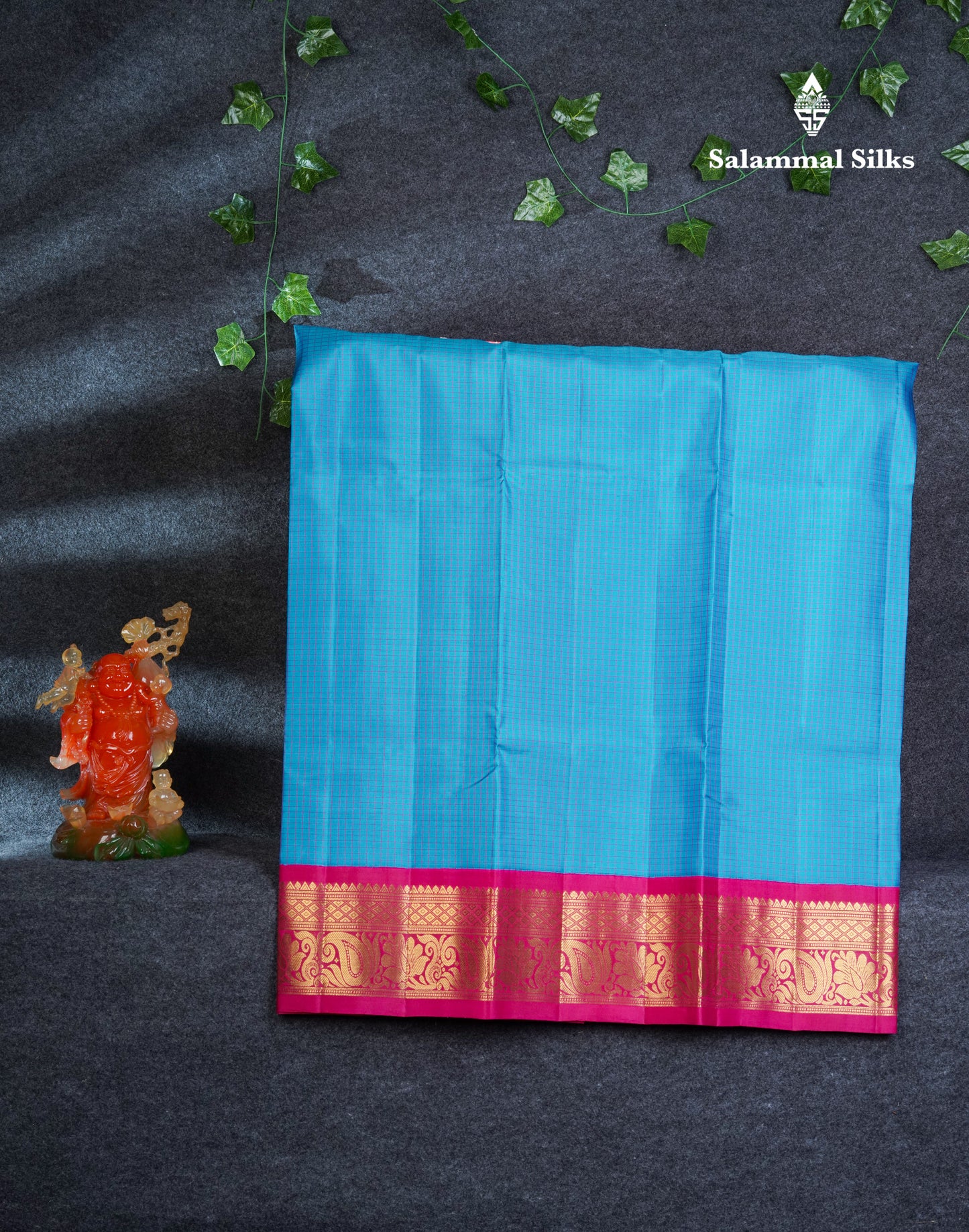 Pure Silk Pattu Pavadai Small Checks (Blue) With Contrast Pink Blouse 44.5"