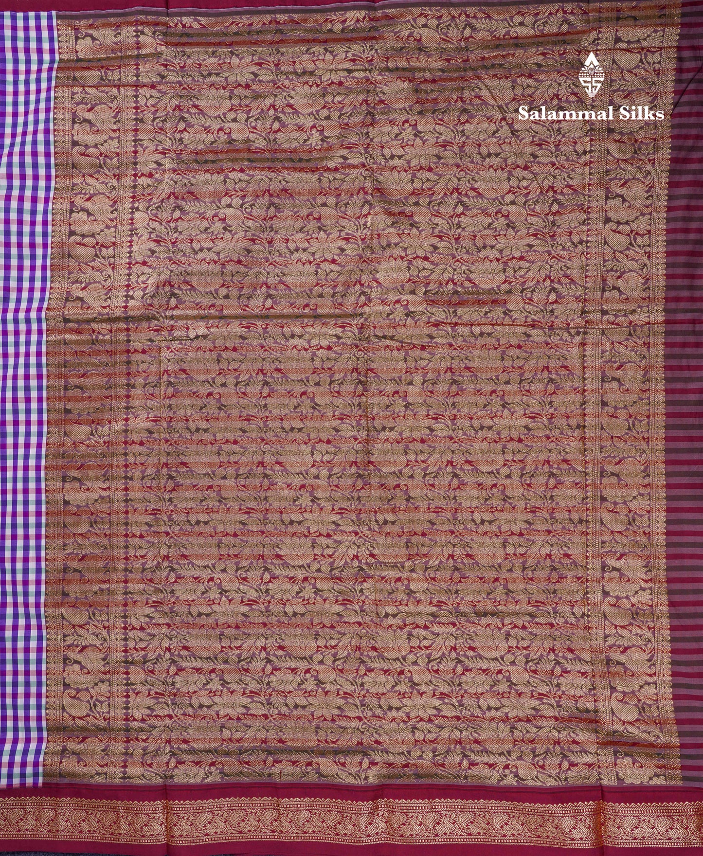 9.5 Yards Semi Silk Saree Violet & White Checks With Contrast Maroon Traditional Border