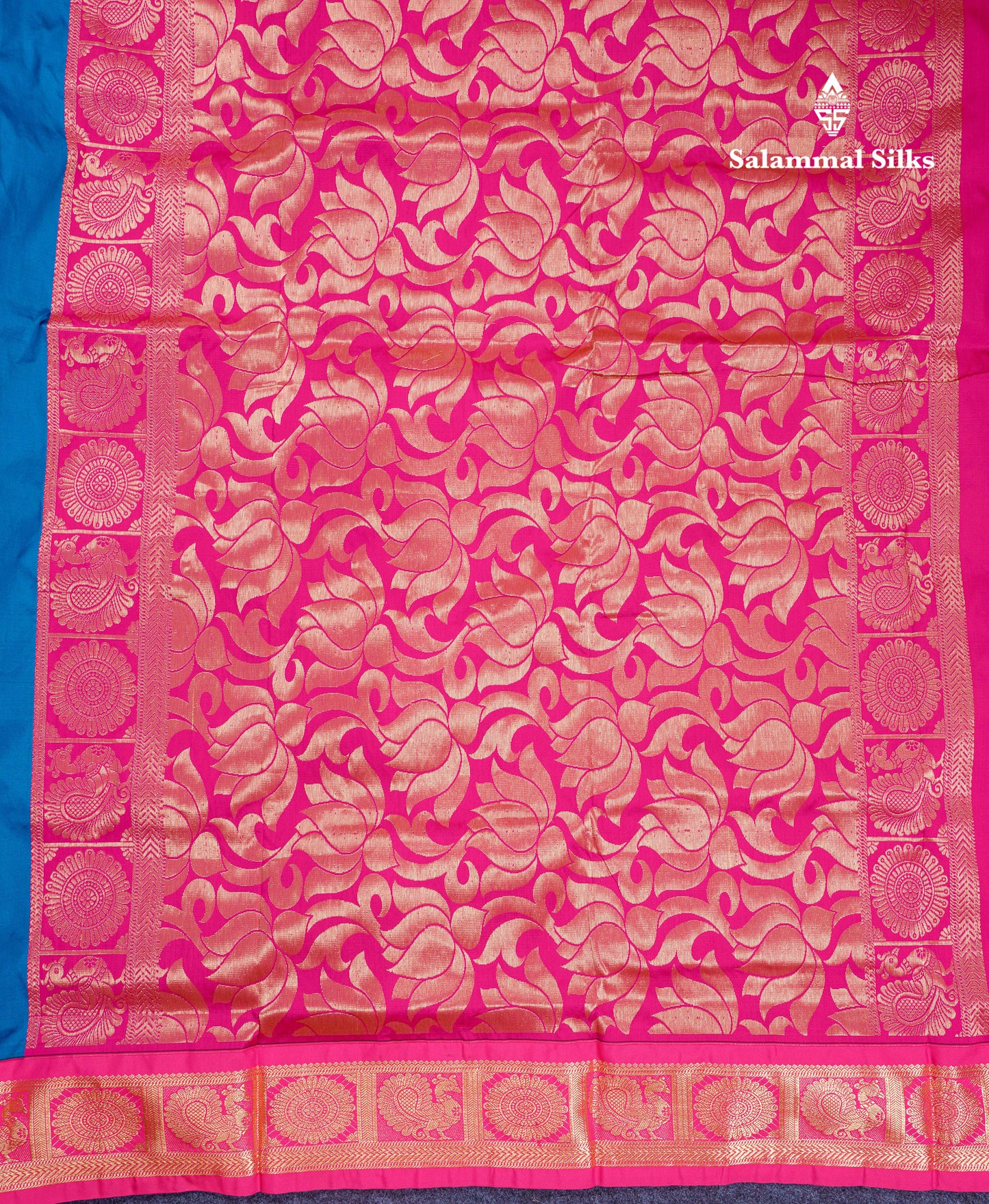 9.5 Yards Semi Silk Saree Ramar Blue with Contrast Pink Traditional Border