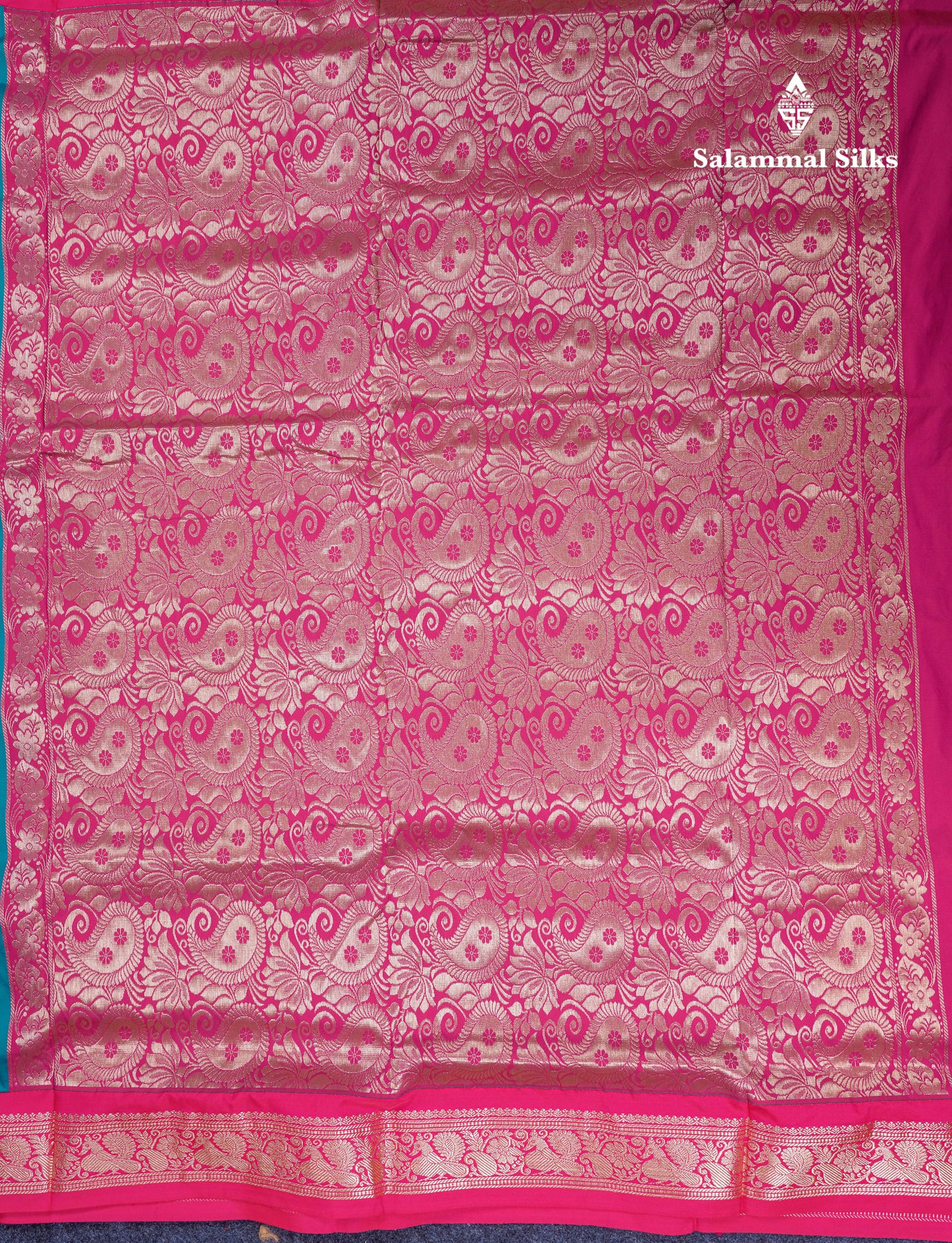 11 Yards Semi Silk Saree Dual Tone Peacock Blue with Contrast Pink Traditional Border