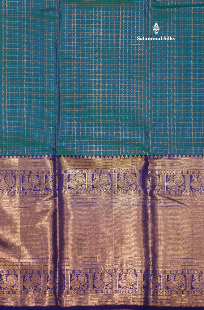 Peacock Blue Colour Small Checks Pure Kanjivaram Silk Saree With Royal Blue Long Border