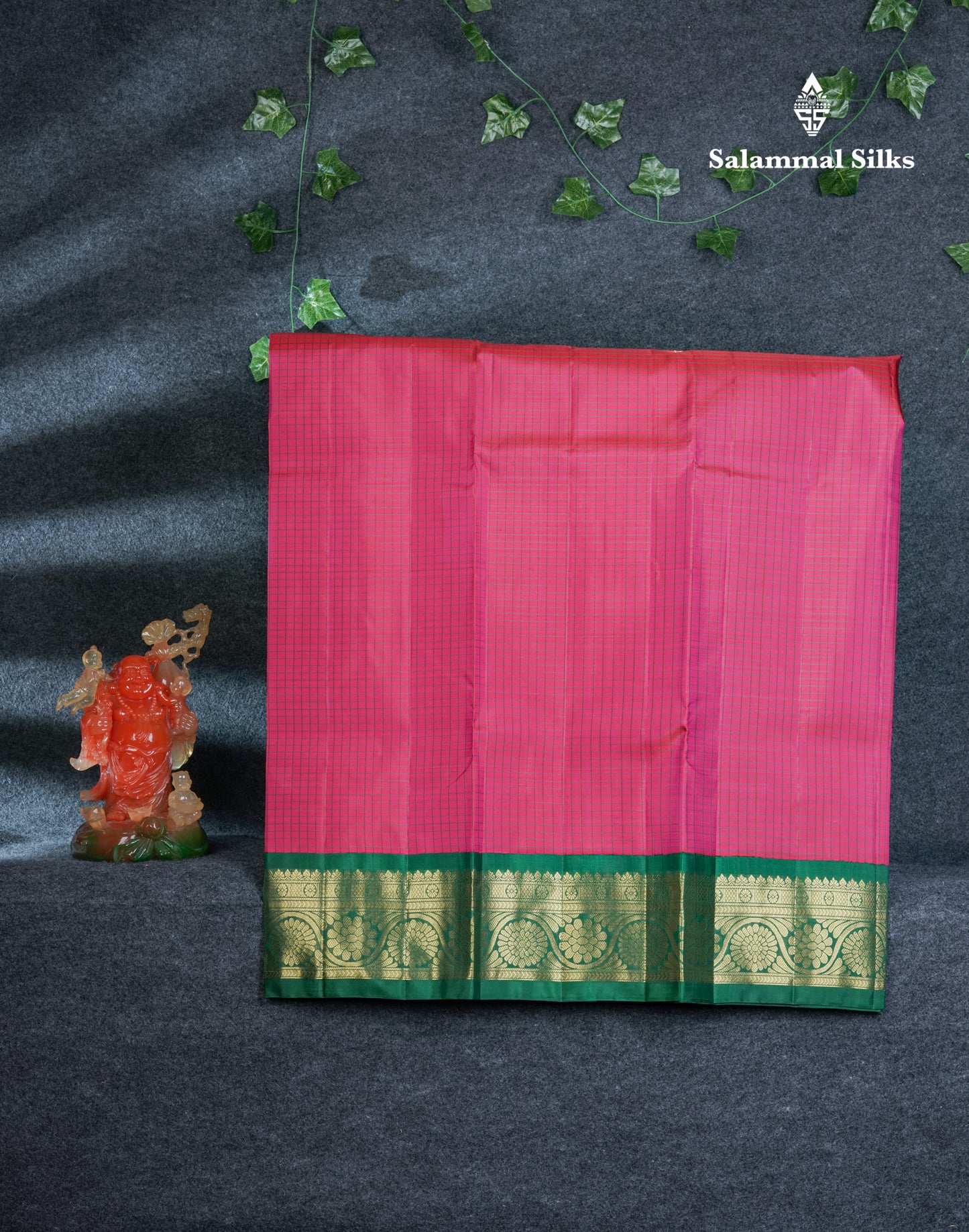 Pure Silk Pattu Pavadai Small Checks (Pink) With Contrast Bottle Green Blouse 44.5"