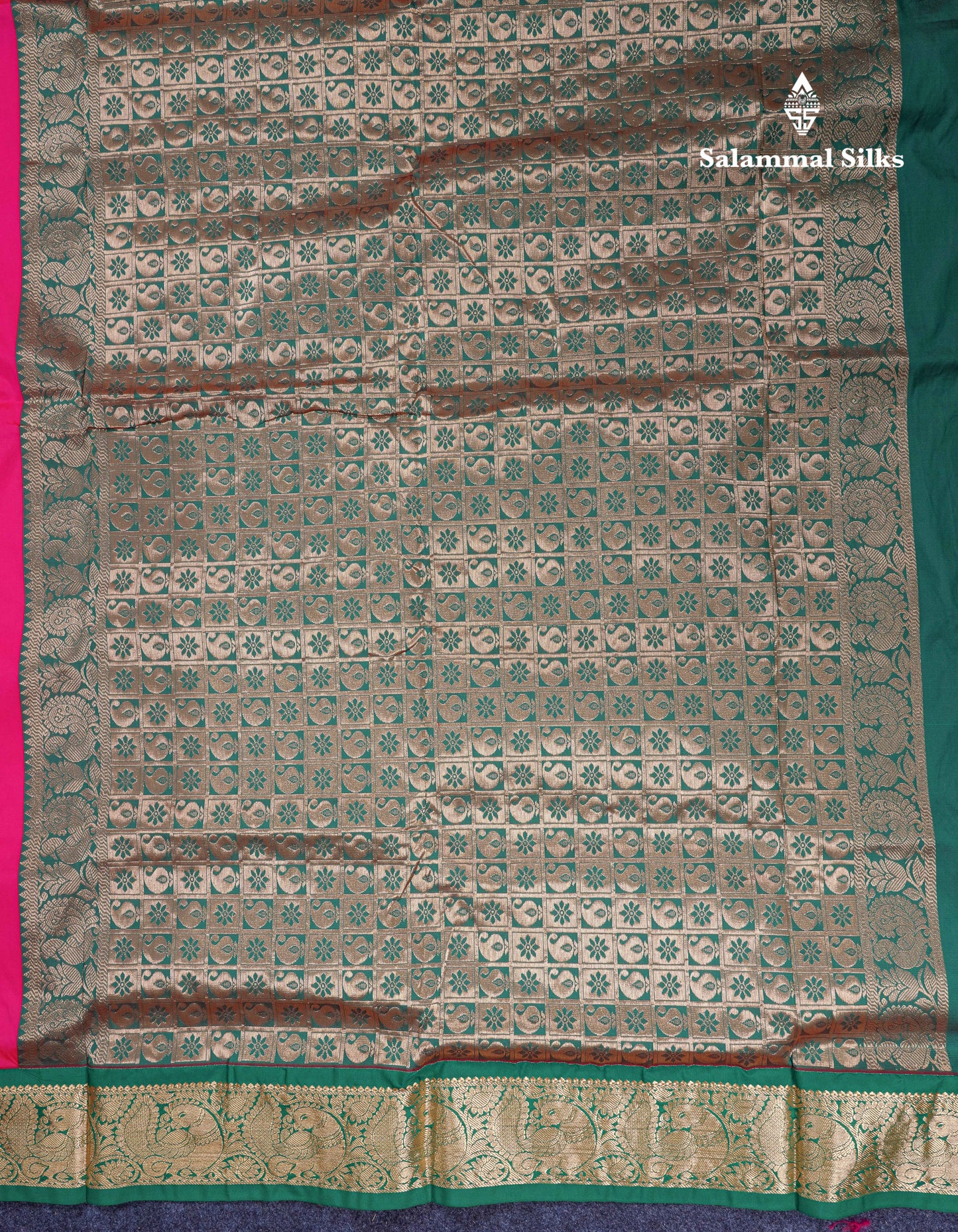 11 Yards Semi Silk Saree Dual Tone Pink with Contrast Green Traditional Border