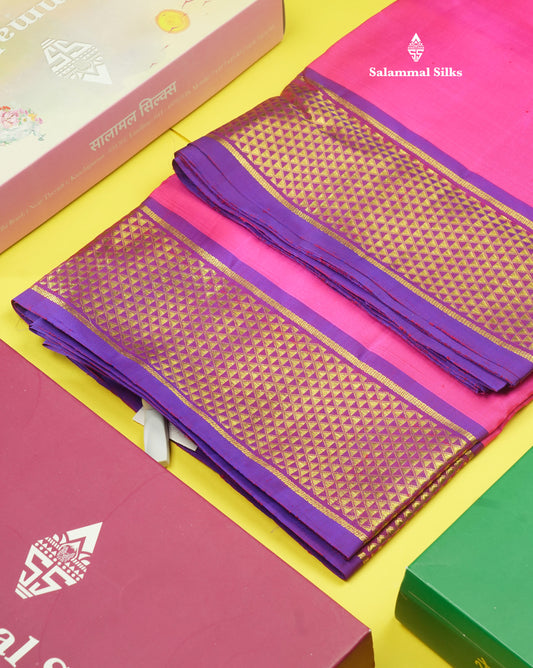 Korvai Beautiful Pink 10 Yards Pure Silk Saree With (5.3 inch) Violet Border
