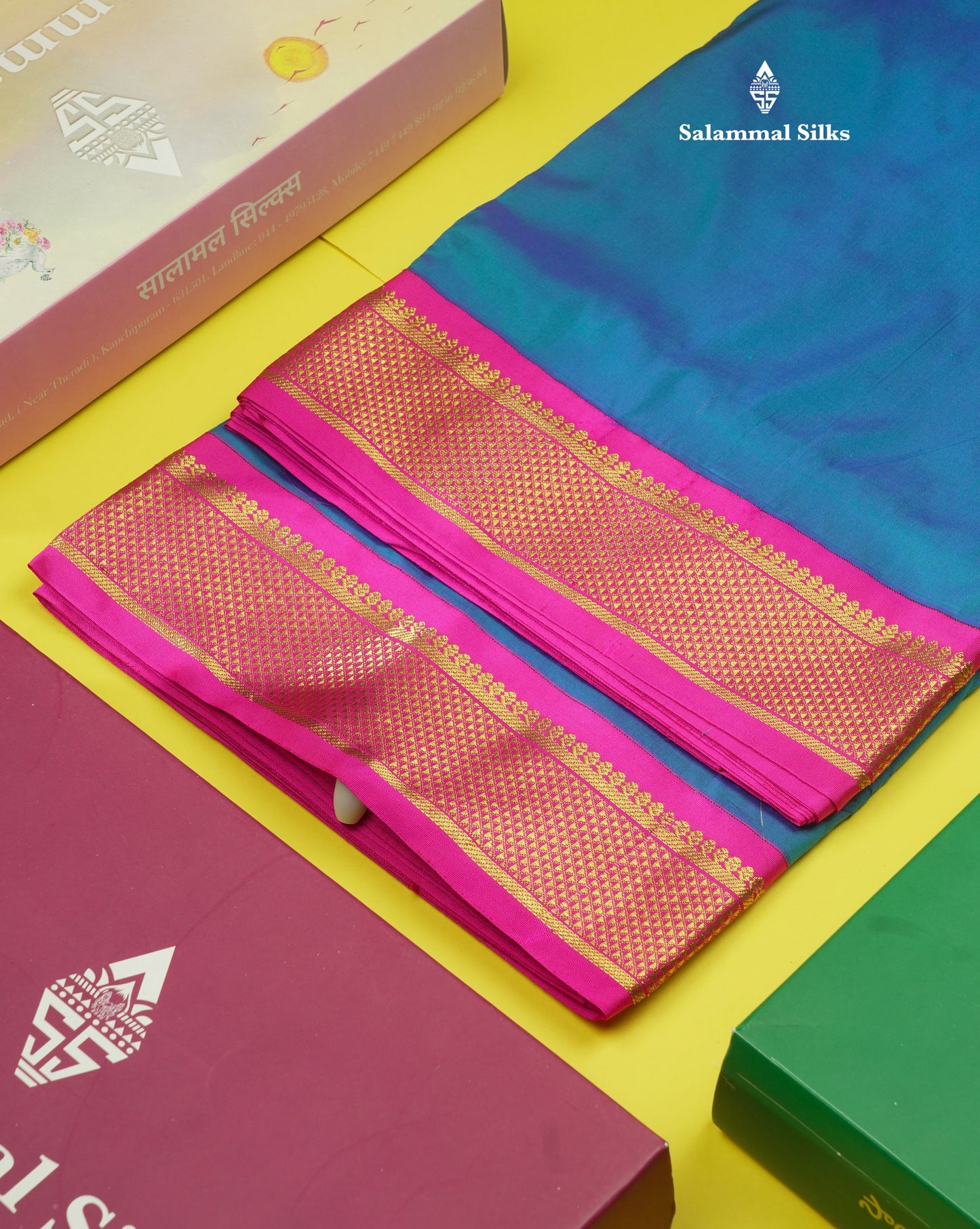 Beautiful Dual Tone Peacock Blue 9Yards Pure Silk Saree With (3.6 inch) Pink Border