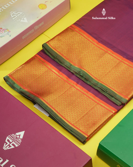 Korvai Beautiful Dual Tone Magenta 10 Yards Pure Silk Saree With (5inch) Orange Border