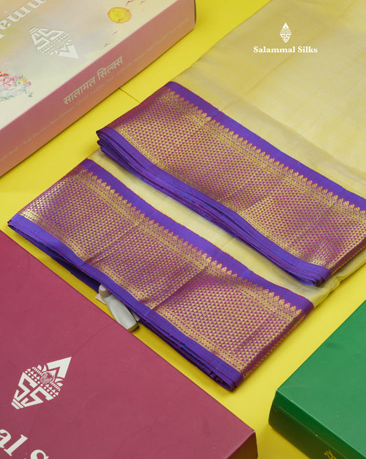 Korvai Beautiful Light Yellow 10 Yards Pure Silk Saree With (4.4 inch) Violet Border
