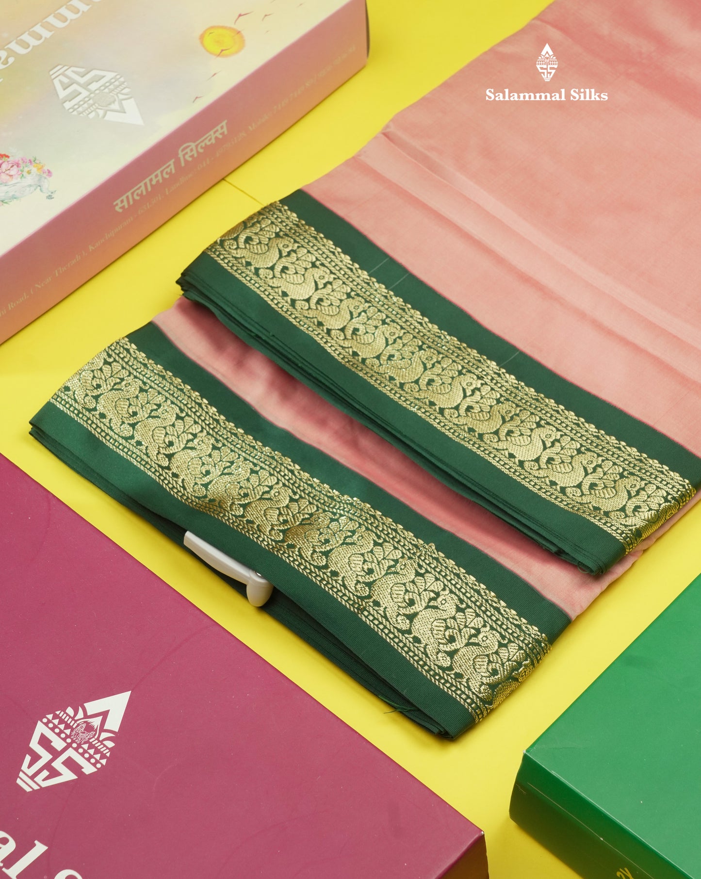 9.5 Yards Semi Silk Saree Pink with Contrast Bottle Green Border