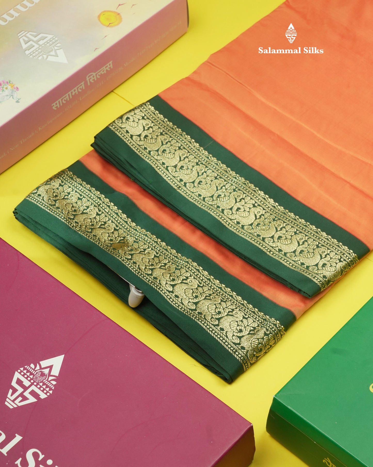 11 Yards Semi Silk Saree Pink with Contrast Bottle Green Border