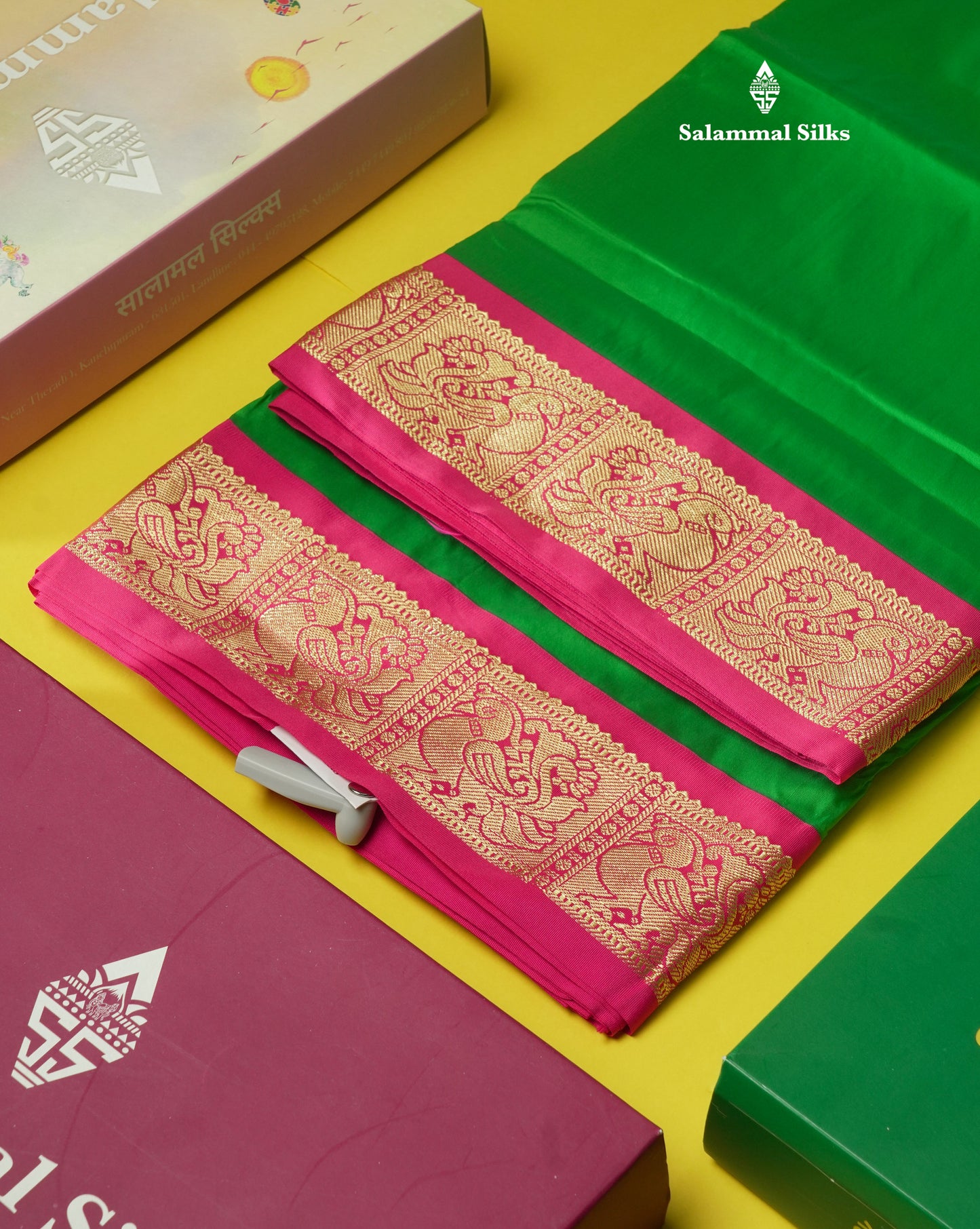 9.5 Yards Semi Silk Saree Bottle Green with Contrast Pink Border