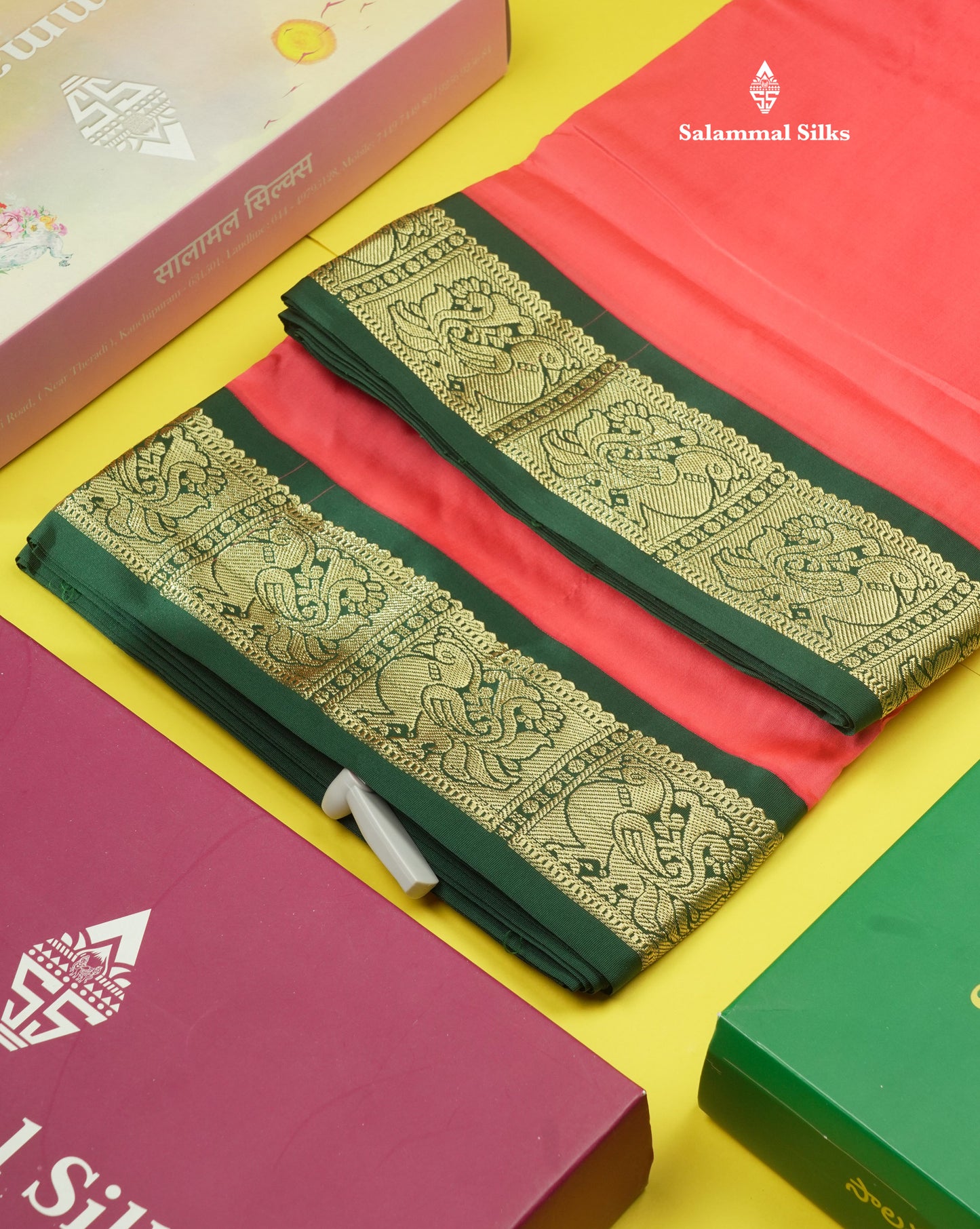 9.5 Yards Semi Silk Saree Mango Yellow with Contrast Bottle Green Traditional Border