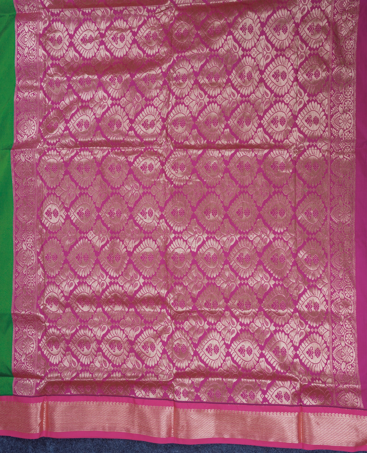 11 Yards Semi Silk Saree Green with Contrast Pink Traditional Border