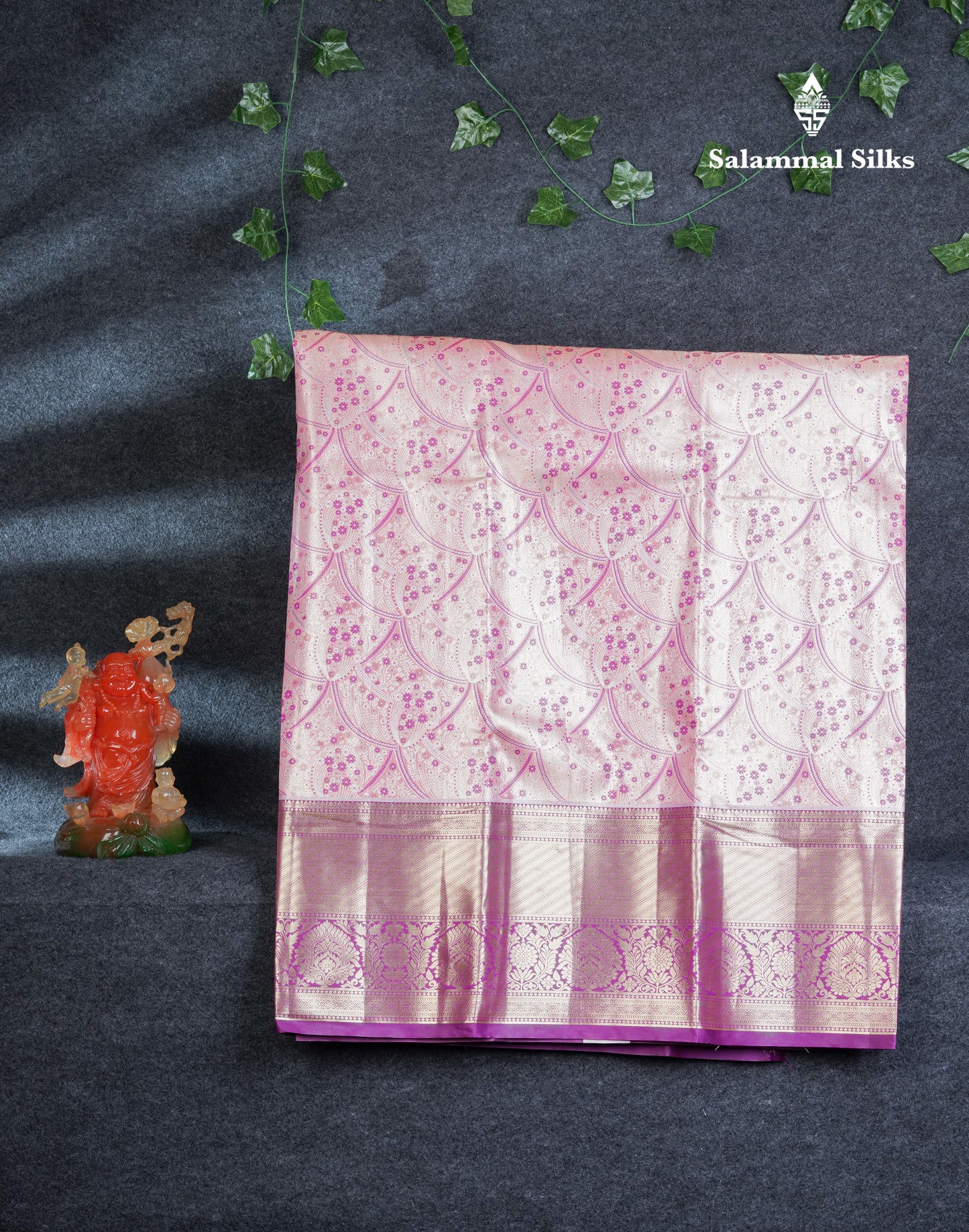 Semi Silk Pattu Pavadai Tissue (Peach Pink) With Contrast Dark Purple Blouse 45"