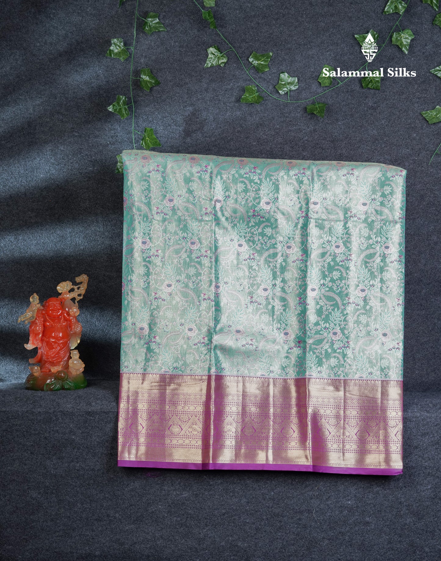 Semi Silk Pattu Pavadai Tissue (Sea Green) With Contrast Dark Purple Blouse 45"