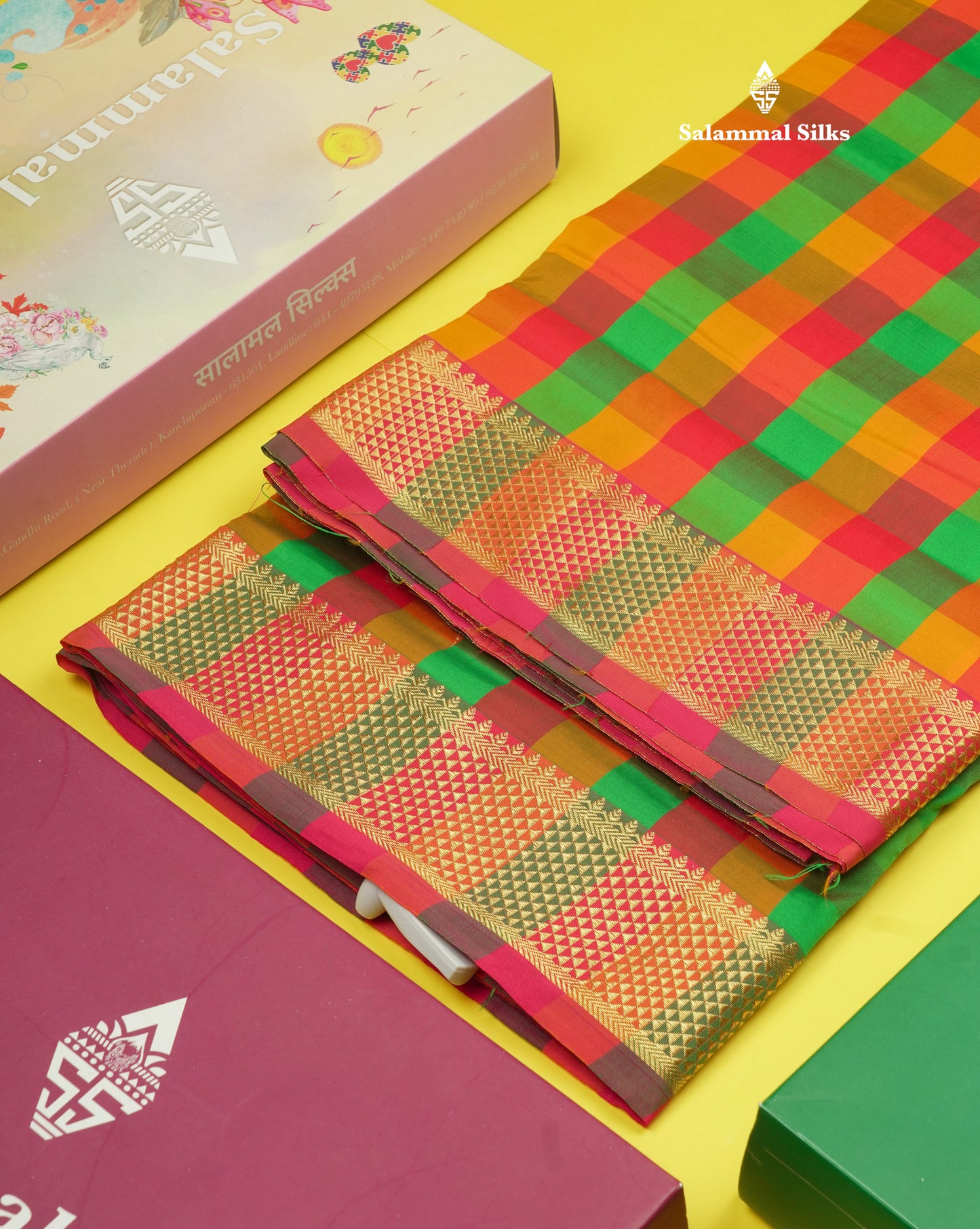 11 Yards Semi Silk Saree Multicolour Checks with Self Border