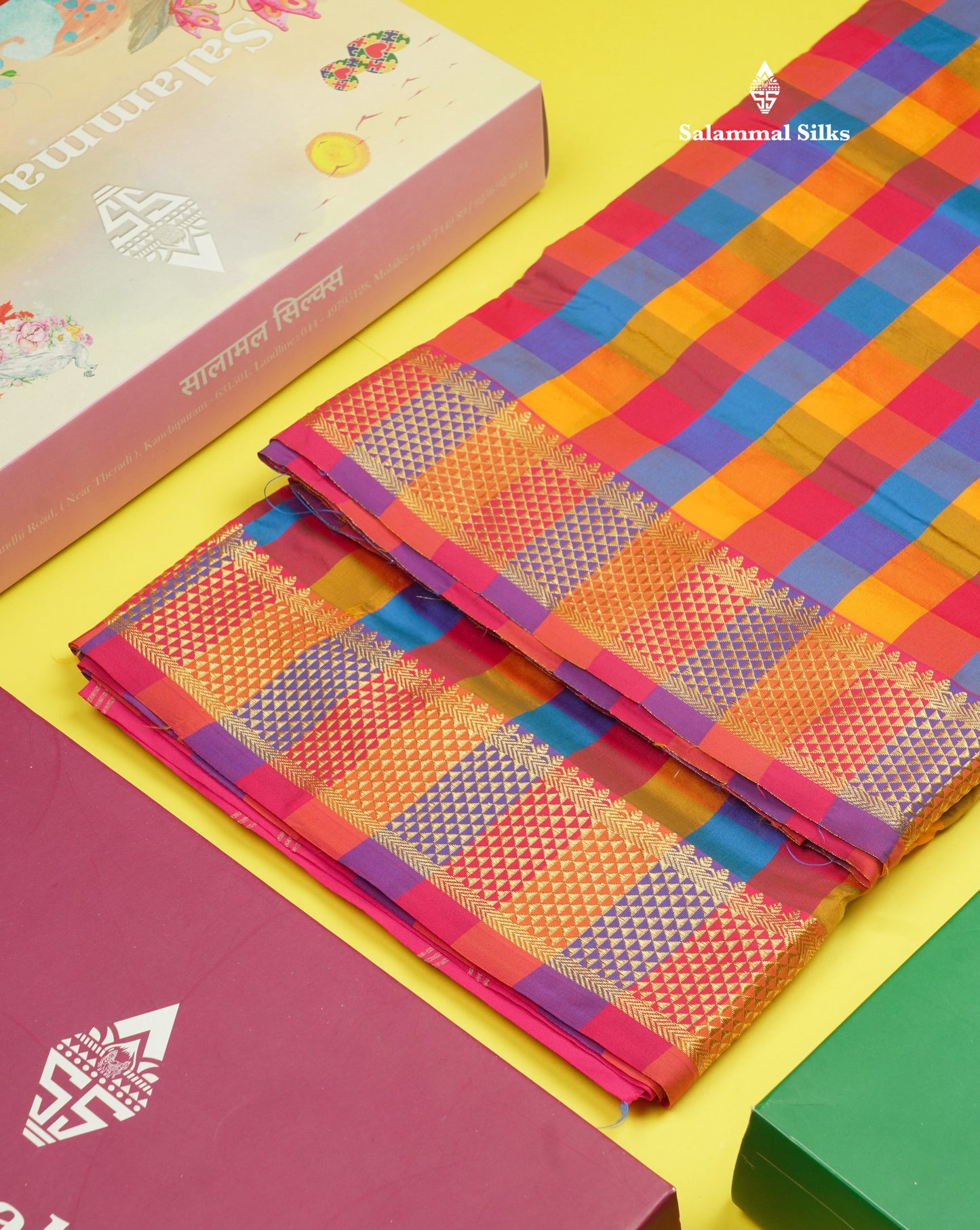 9.5 Yards Semi Silk Saree Multicolour Checks with Self Border