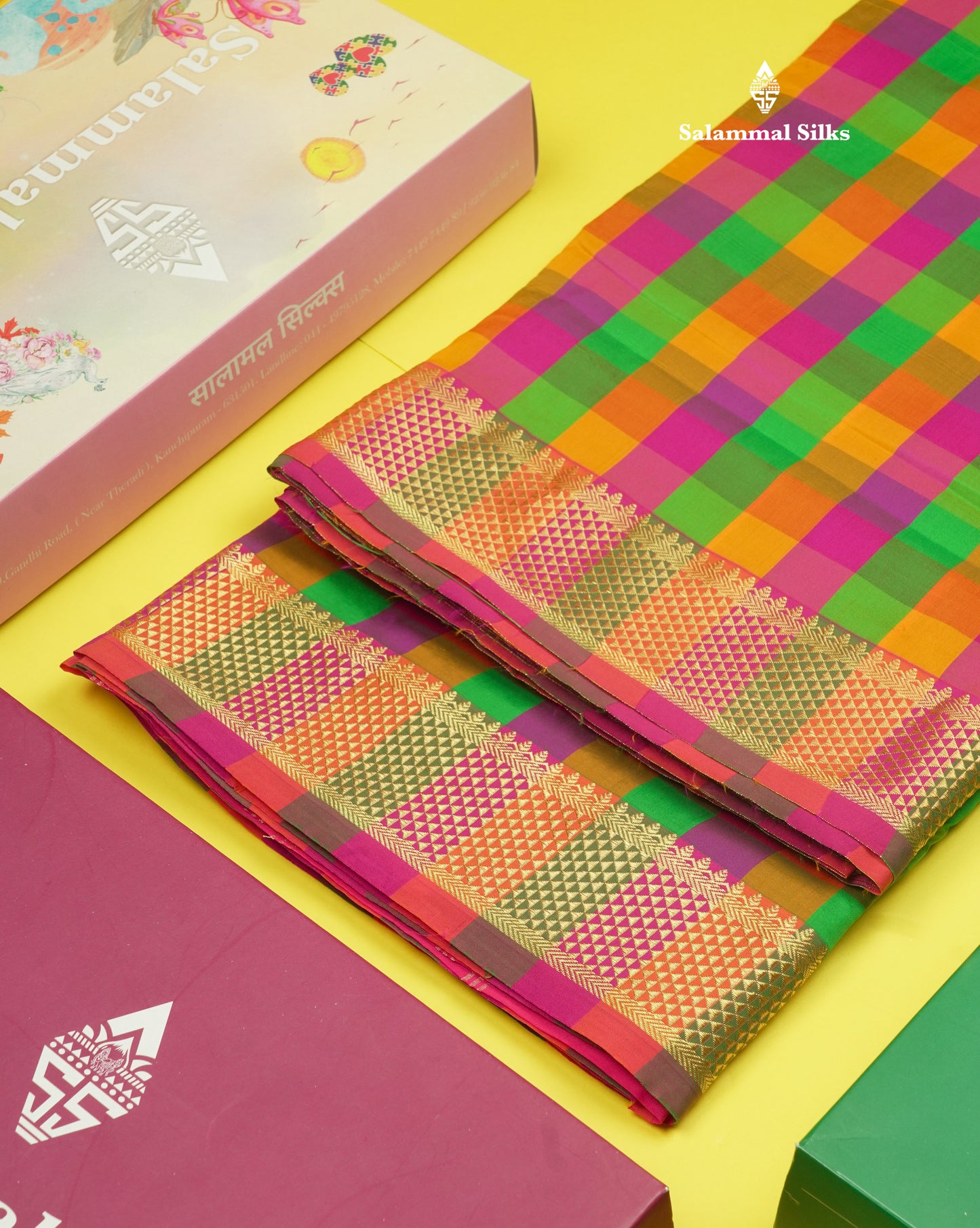 9.5 Yards Semi Silk Saree Multicolour Checks with Self Border